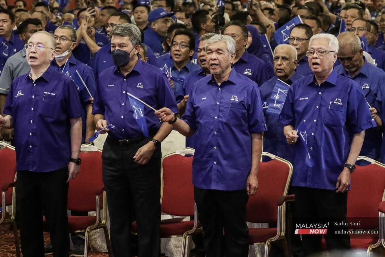 Barisan Nasional chairman Ahmad Zahid Hamidi with other party leaders at the announcement of the coalition's candidates for the election, in Kuala Lumpur on Nov 1. 