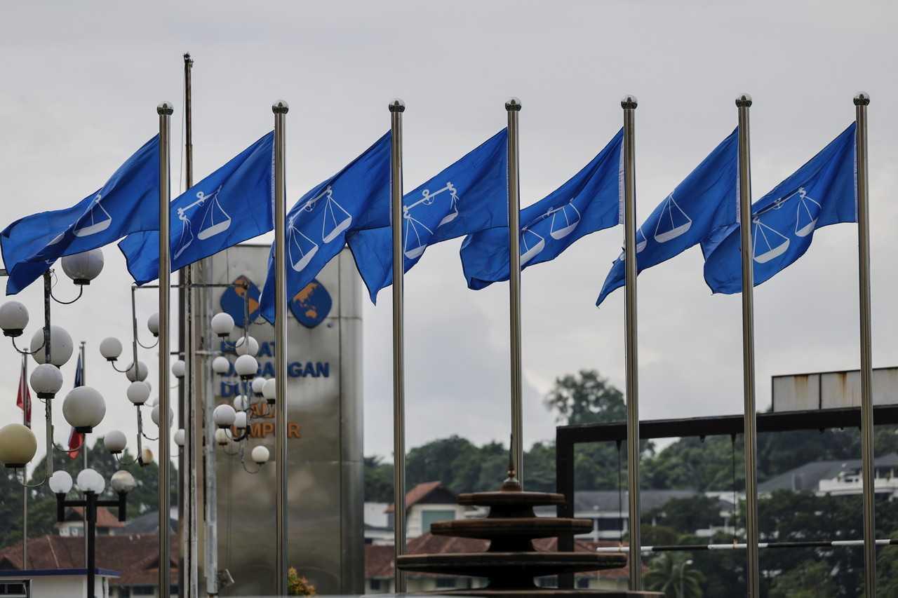 Barisan Nasional flags fly outside the World Trade Centre in Kuala Lumpur. Photo: Bernama