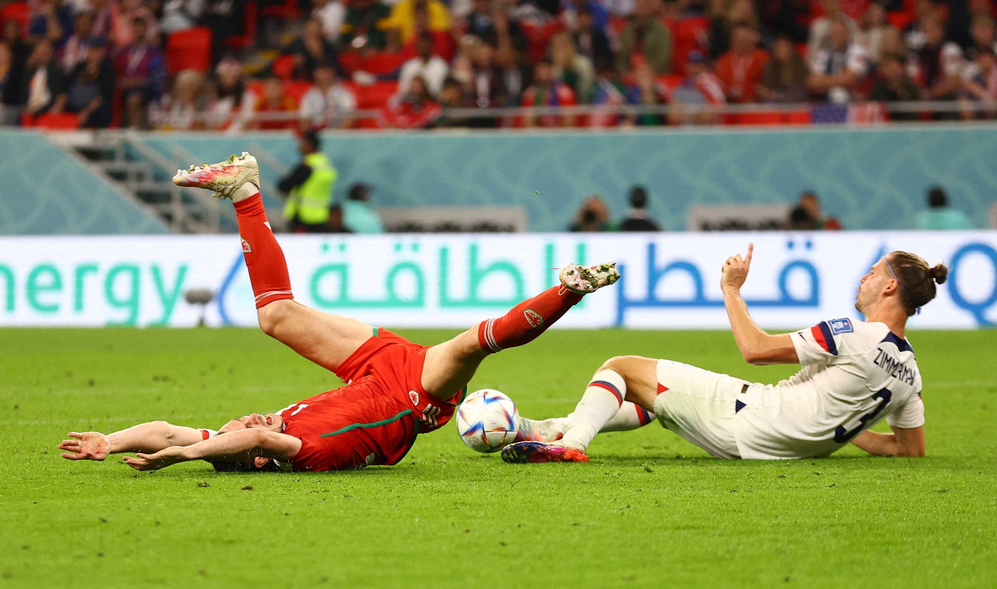 Fifa World Cup Qatar 2022 - Group B - US v Wales - Ahmad Bin Ali Stadium, Al Rayyan, Qatar - Nov 21, Walker Zimmerman of the US fouls Wales' Gareth Bale to concede a penalty. Photo: Reuters
