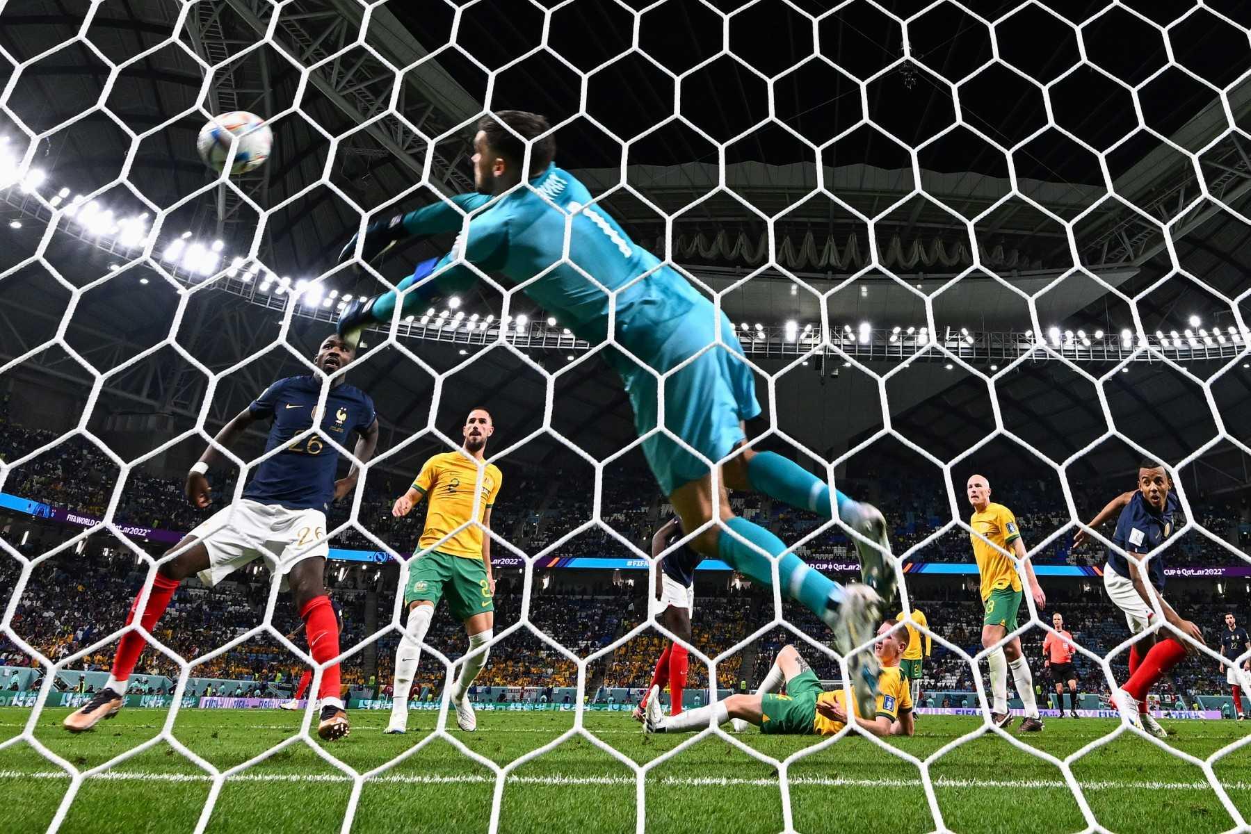 France's forward Marcus Thuram (left) reacts as Australia's goalkeeper Mathew Ryan (centre) makes a save during the Qatar 2022 World Cup Group D football match between France and Australia at the Al-Janoub Stadium in Al-Wakrah, south of Doha, Nov 22. Photo: AFP