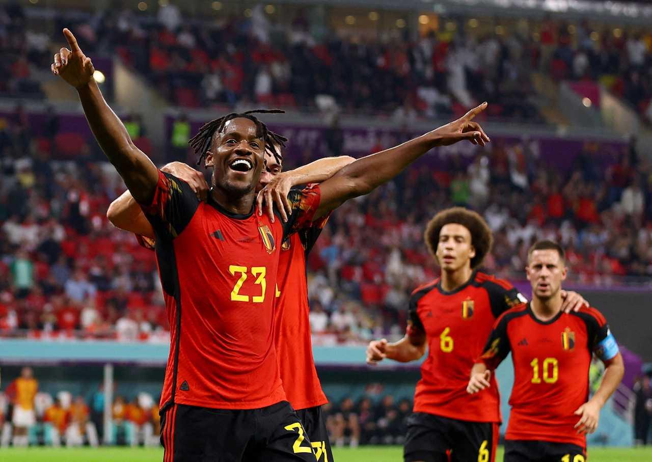 Belgium's Michy Batshuayi celebrates scoring their first goal against Canada at the World Cup Group F match in Qatar, Nov 23. Photo: Reuters
