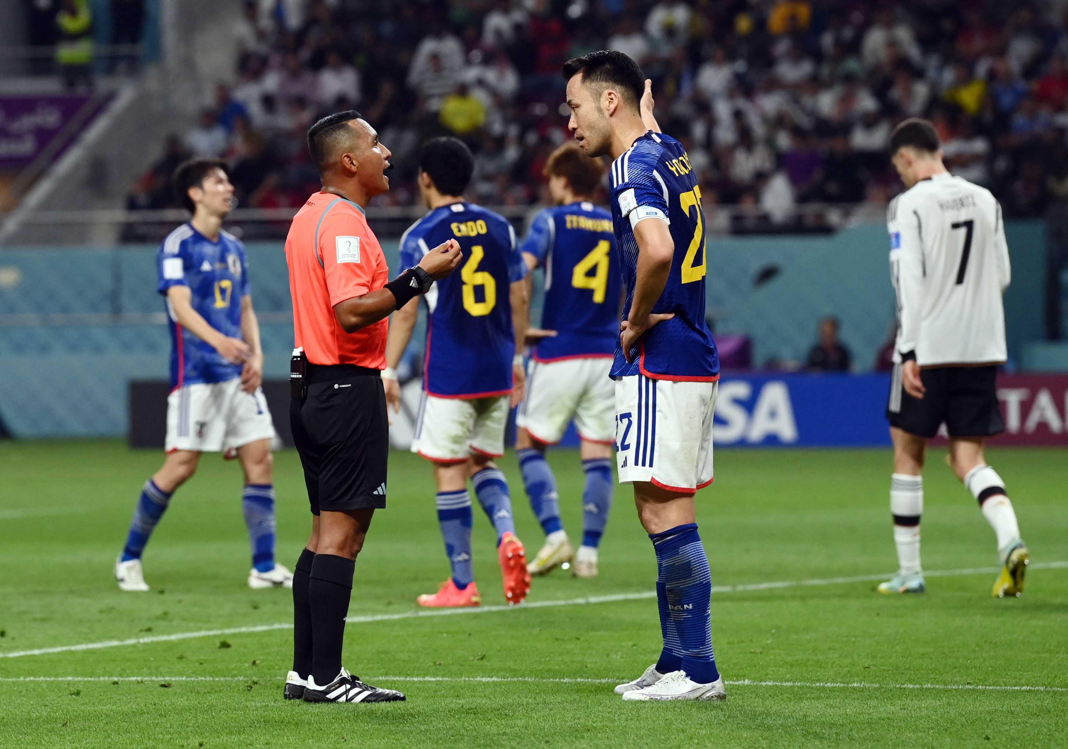Fifa World Cup Qatar 2022 - Group E - Germany v Japan - Khalifa International Stadium, Doha, Qatar - Nov 23, Japan's Maya Yoshida speaks to referee Ivan Barton. Photo: Reuters