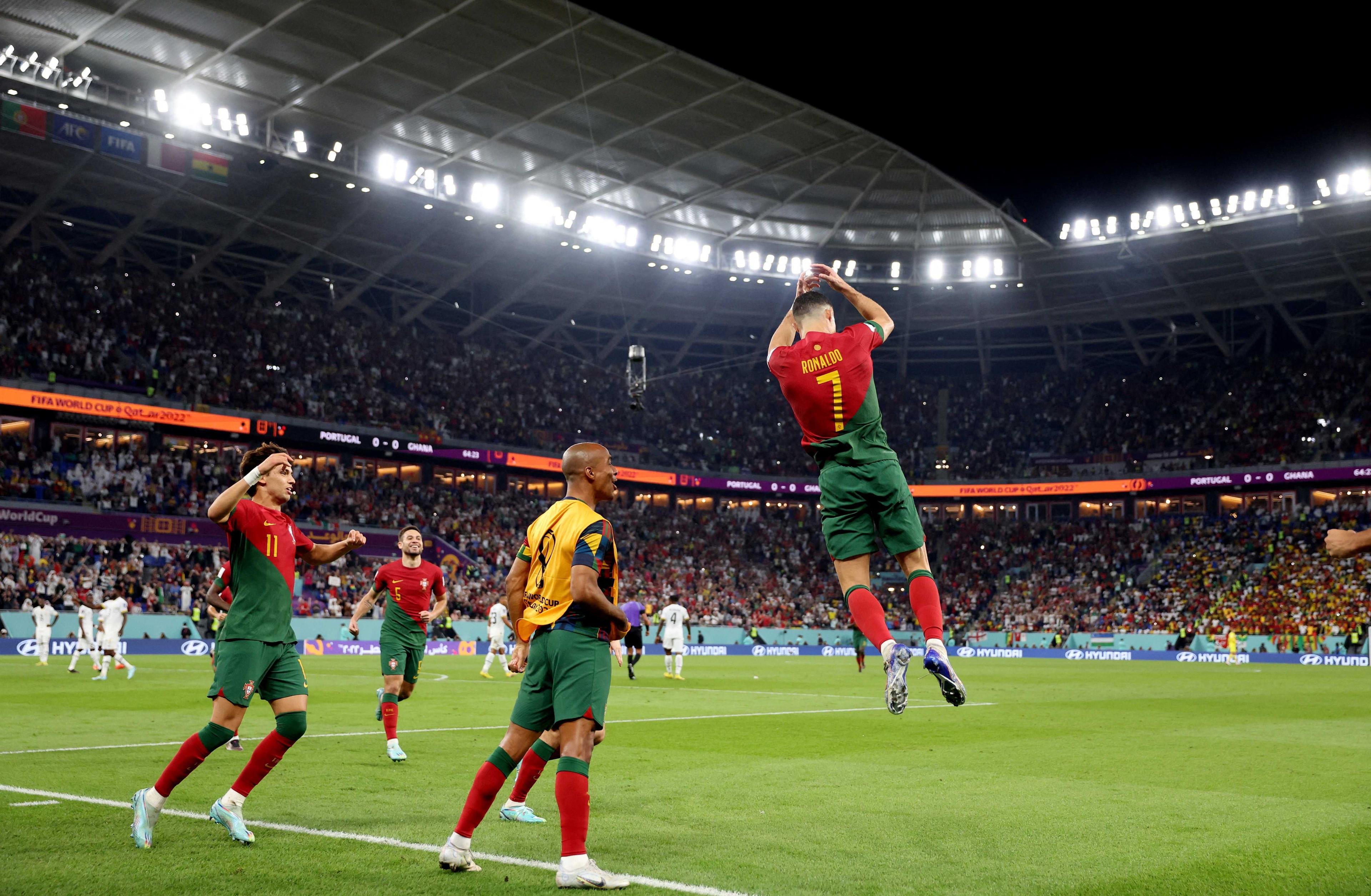 Portugal's Cristiano Ronaldo celebrates scoring their first goal at the Qatar World Cup on Nov 24. Photo: Reuters
