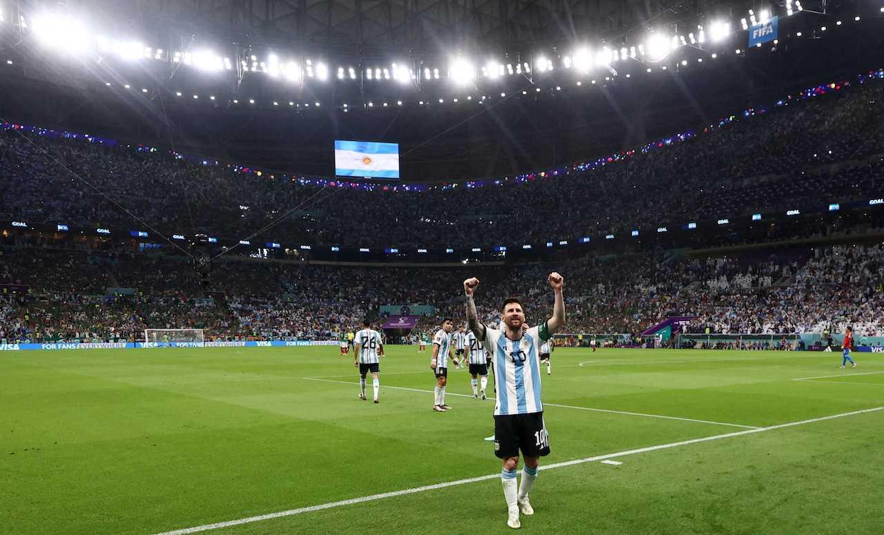 Argentina's Lionel Messi celebrates scoring their first goal over Mexico in Qatar, Nov 26. Photo: Reuters
