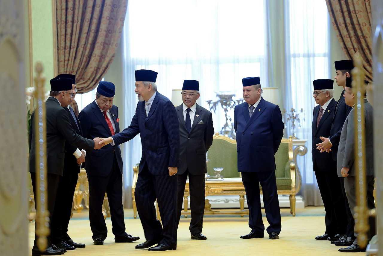 Prime Minister Anwar Ibrahim (left) with Yang di-Pertuan Agong Sultan Abdullah Sultan Ahmad Shah (fifth right) and the Malay rulers at the 260th meeting of the Conference of Rulers at Istana Negara in Kuala Lumpur yesterday. Photo: Bernama