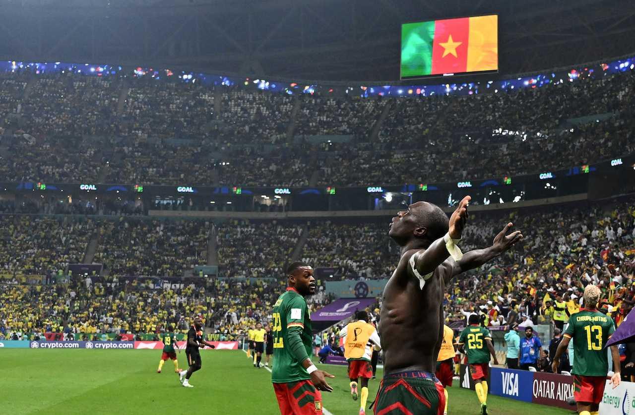 Cameroon's Vincent Aboubakar celebrates scoring their first goal against Brazil at Lusail Stadium in Lusail, Qatar, Dec 2. Photo: Reuters

