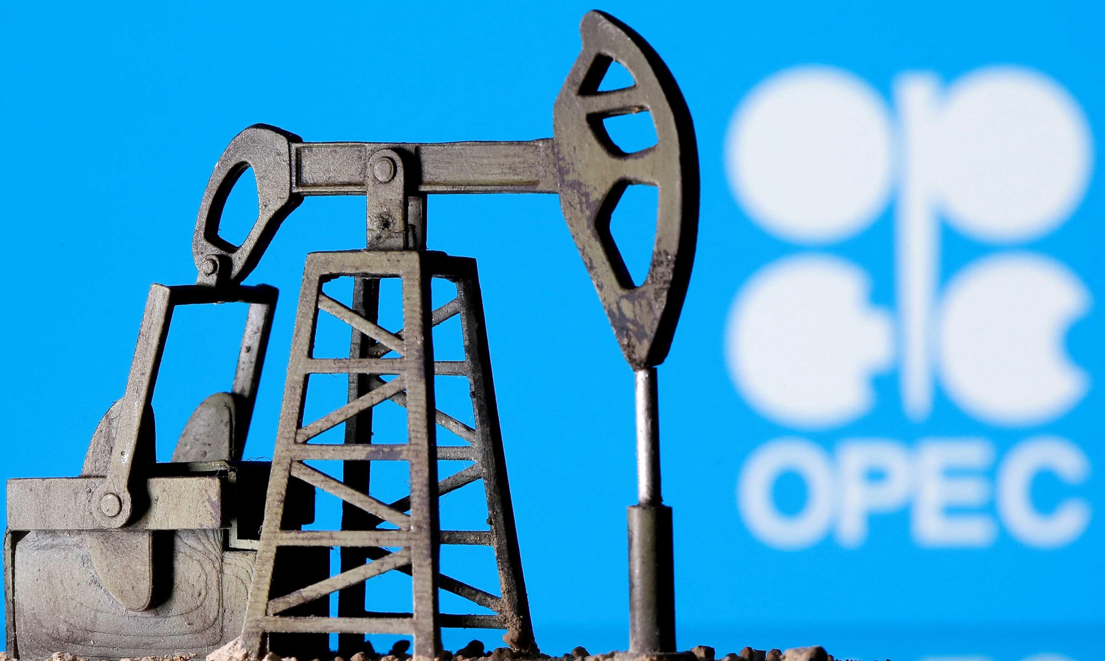 A 3D-printed oil pump jack is seen in front of displayed Opeclogo in this illustration picture, April 14, 2020. Photo: Reuters