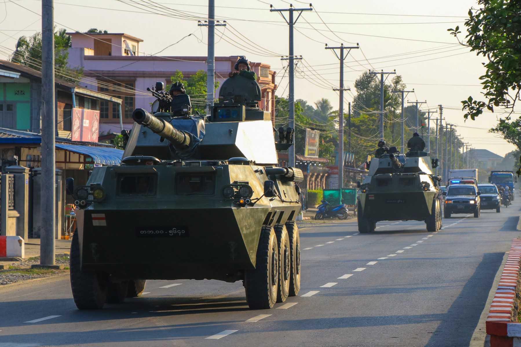 Soldiers ride in military armoured vehicles in Myitkyina, Kachin state on Feb 3, 2021. Photo: AFP