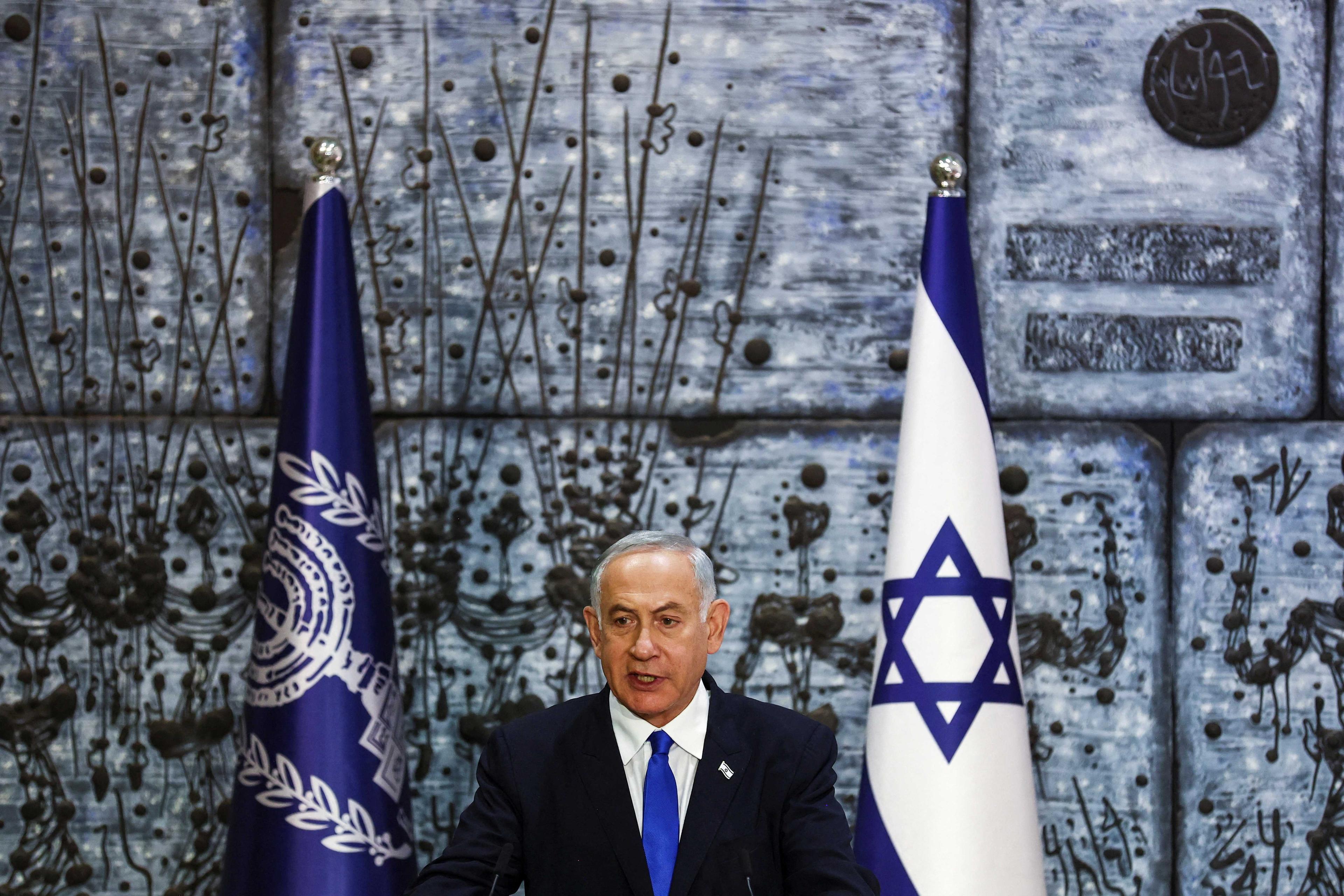 Benjamin Netanyahu speaks during a ceremony where Israel President Isaac Herzog handed him the mandate to form a new government following the victory of the former premier's right-wing alliance in this month's election at the President's residency in Jerusalem Nov 13. Photo: Reuters