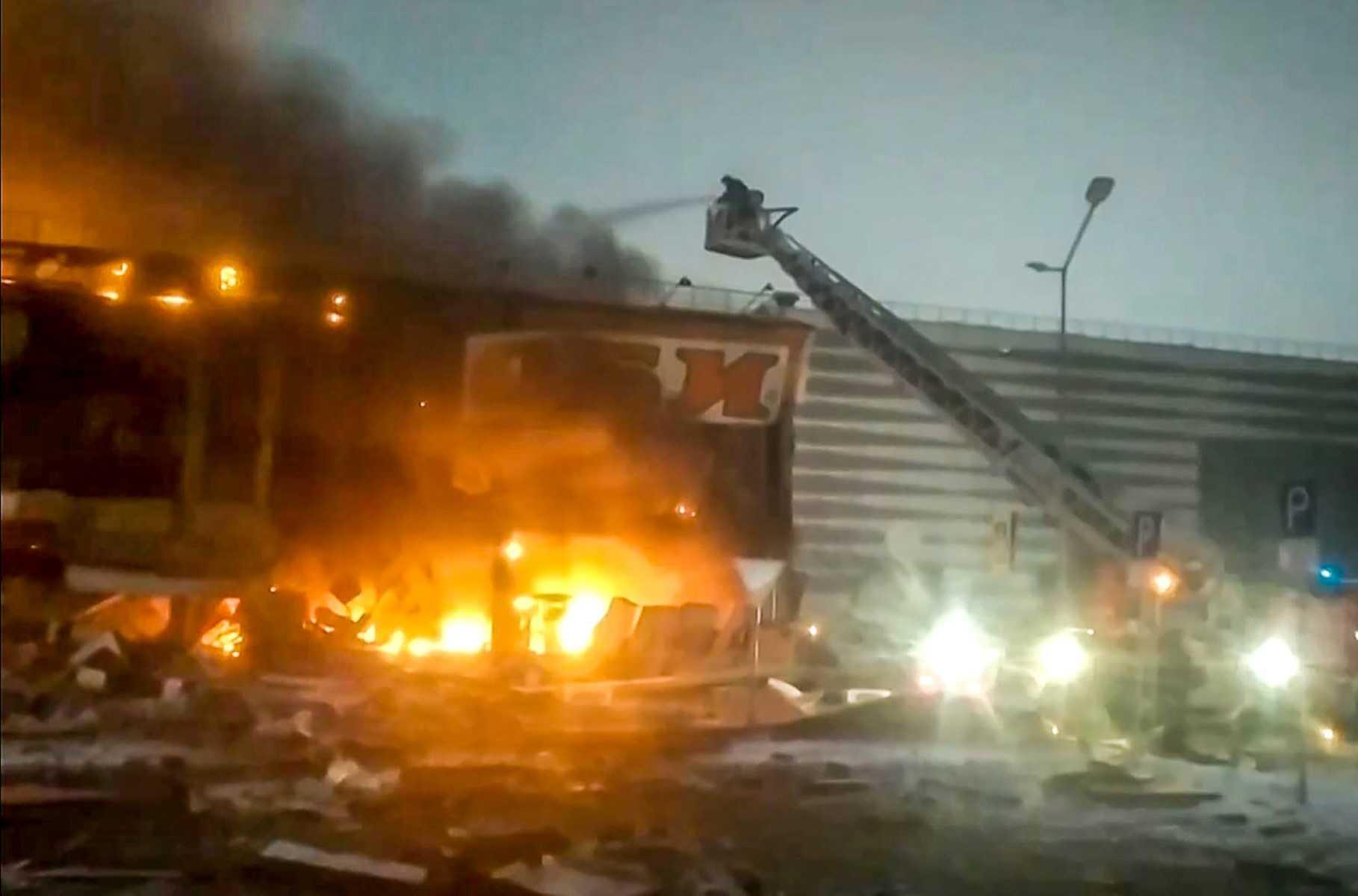 This handout video grab taken and released by the Russian Emergency Situations Ministry on Dec 9, shows Russia emergency services battling a massive blaze the size of a football pitch which broke out overnight at the Mega Khimki shopping and entertainment centre in Moscow's northern suburb of Khimki. Photo: AFP 