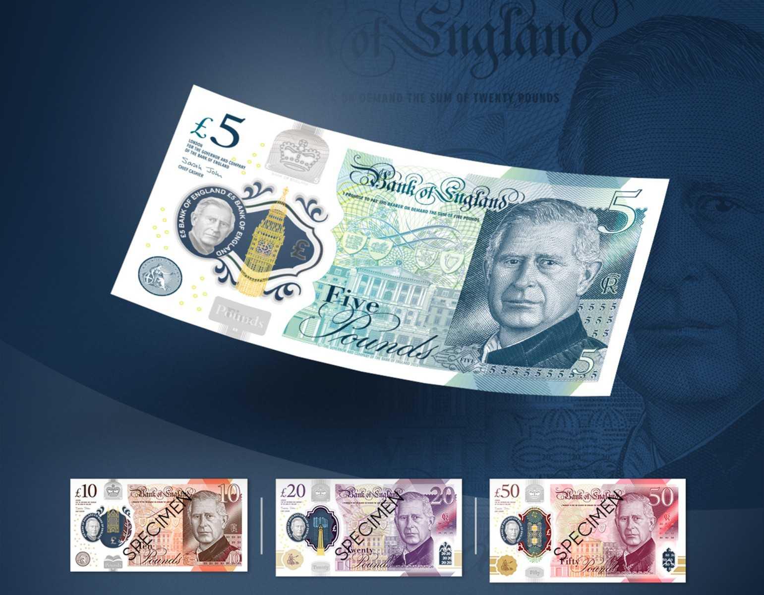 A handout photograph released by the Bank of England in London on Dec 19 shows the design of the new five, ten, twenty and fifty pound polymer banknotes featuring a portrait of Britain's King Charles III. Photo: AFP