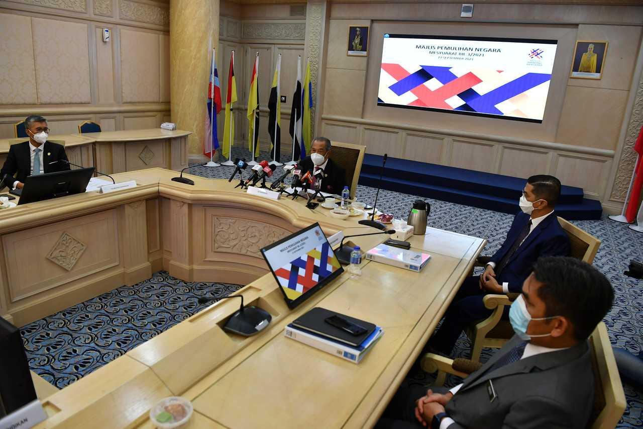 Perikatan Nasional chairman Muhyiddin Yassin chairs a National Recovery Council meeting in this file picture. Photo: Bernama