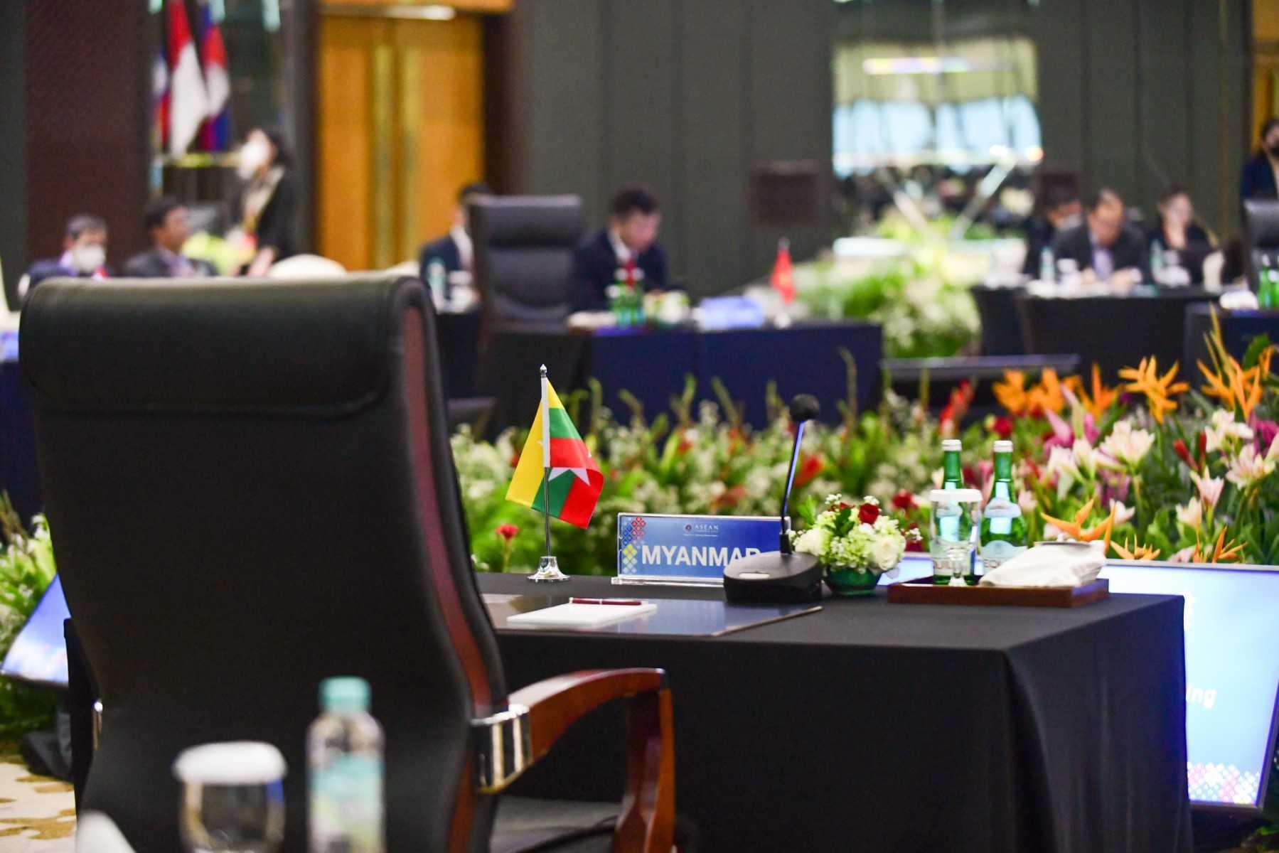 This handout picture taken and released on Oct 27, by the Association of Southeast Asia Nations (Asean) shows the Myanmar representative desk empty during the Special Asean Foreign Ministers' Meeting (SAFMM) at the Asean secretariat general building in Jakarta. Photo: AFP