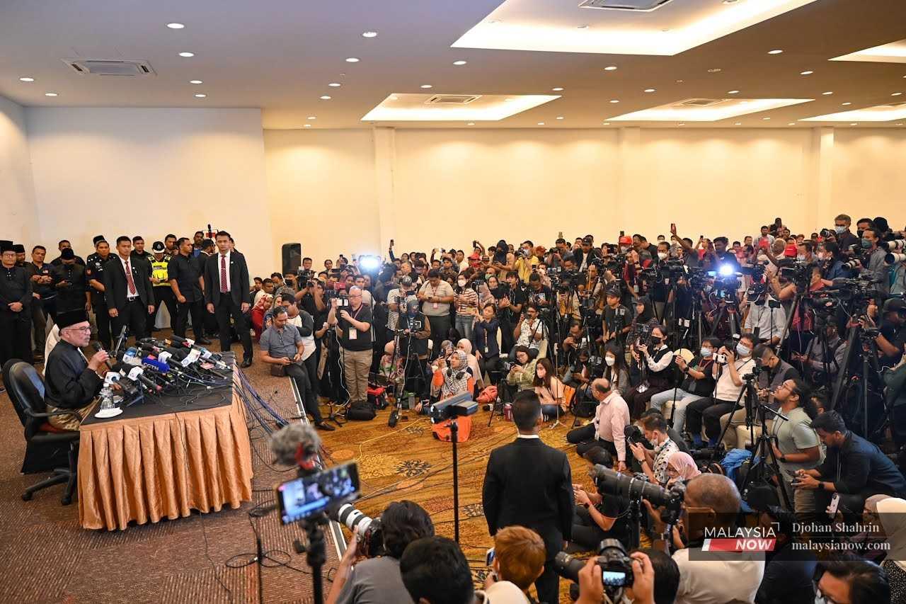 Anwar Ibrahim speaks at his first press conference as prime minister in Sungai Long, Kajang. 
