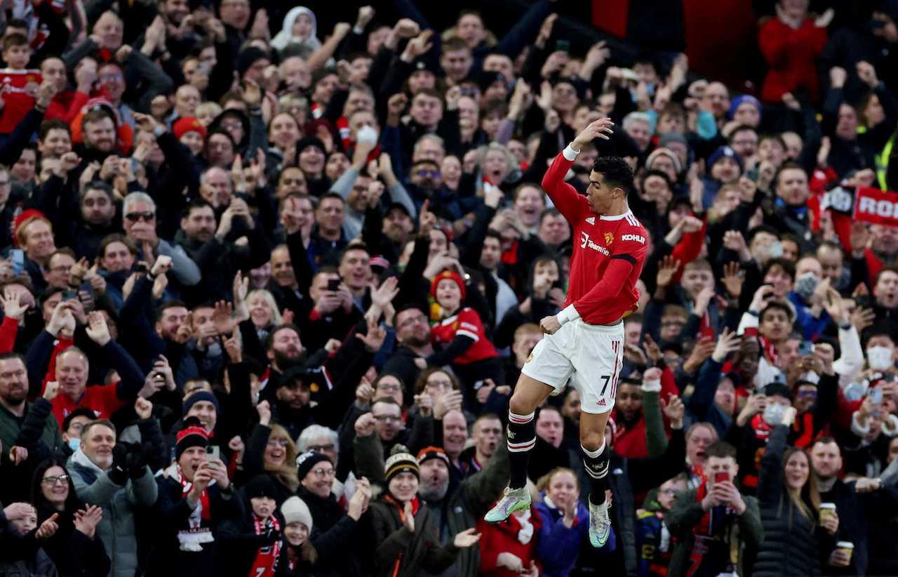 Manchester United's Cristiano Ronaldo celebrates scoring their first goal againdy Tottenham Hotspur at Old Trafford, Manchester, Britain, March 12. Photo: Reuters