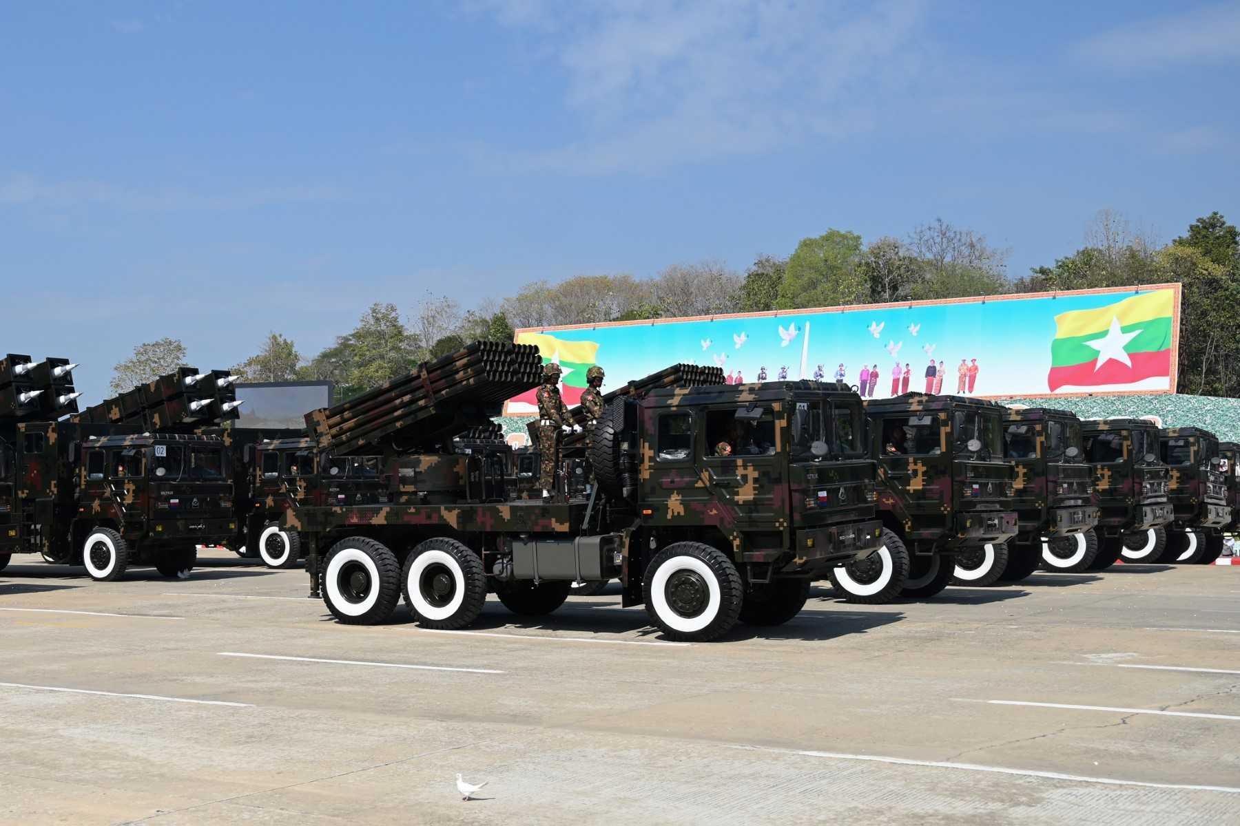 Myanmar military vehicles and hardware are displayed at a parade ground to mark the country's Independence Day in Naypyidaw on Jan 4. Photo: AFP