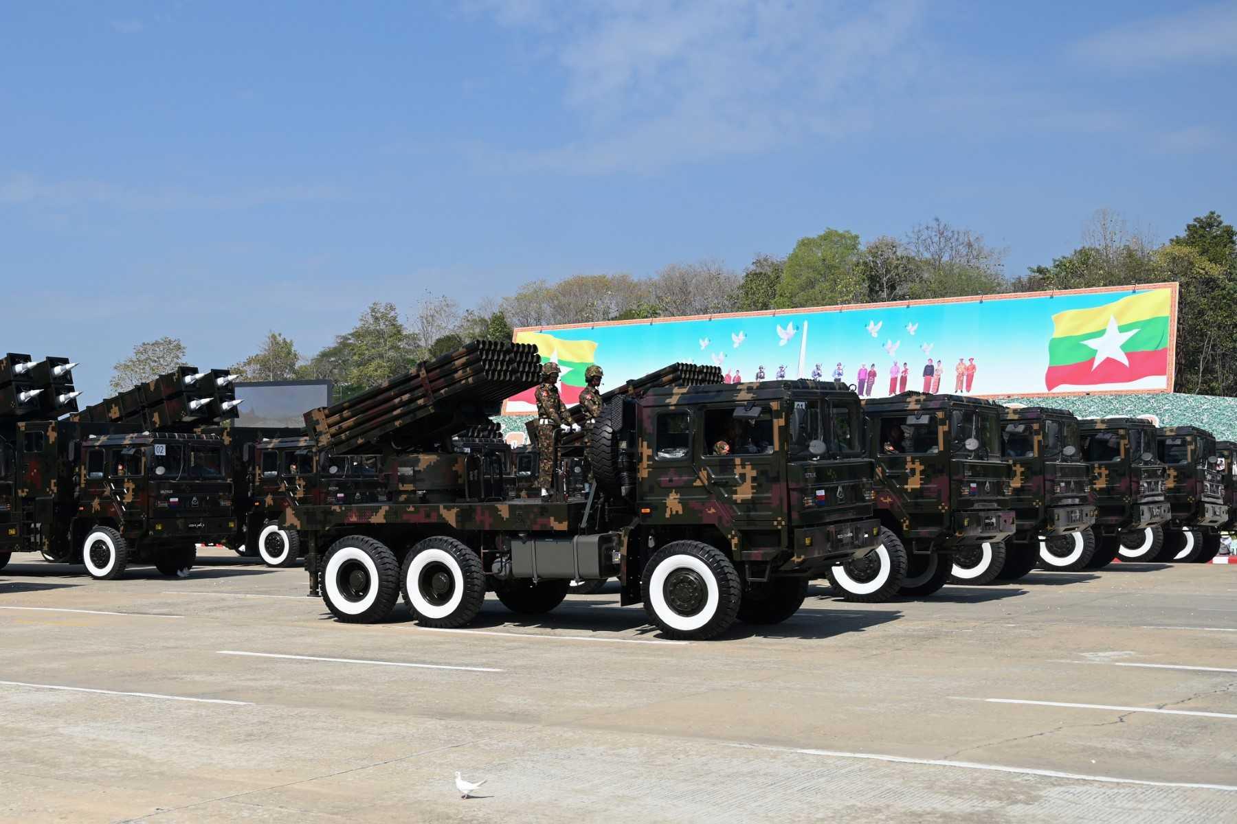 Myanmar military vehicles and hardware are displayed at a parade ground to mark the country's Independence Day in Naypyidaw on Jan 4. Photo: AFP 