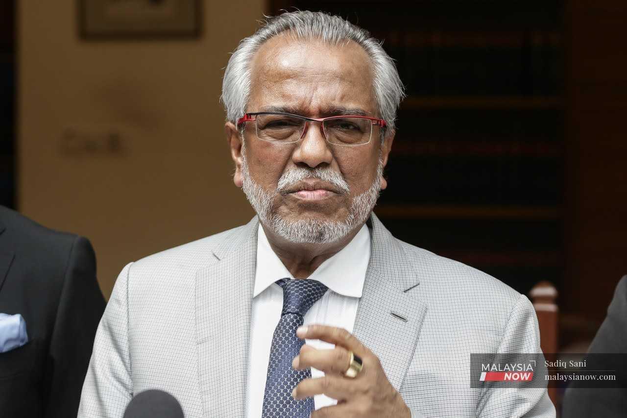 Muhammad Shafee Abdullah, the lawyer of jailed former leader Najib Razak, speaks at a press conference in Kuala Lumpur today.