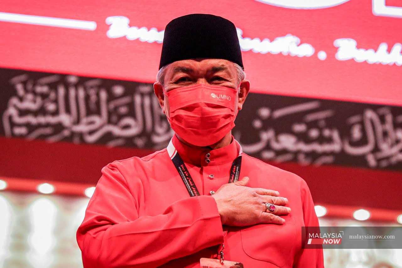 Umno president Ahmad Zahid Hamidi at the party's general assembly at the World Trade Centre in Kuala Lumpur on March 19, 2022.