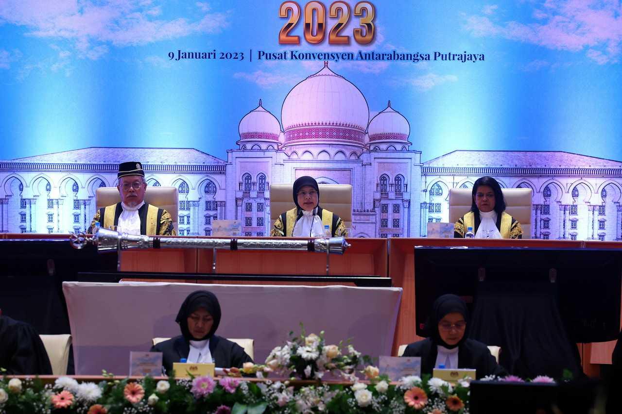 Chief Justice Tengku Maimun Tuan Mat (centre) at the opening of the Legal Year 2023 in Putrajaya today. Photo: Bernama 
