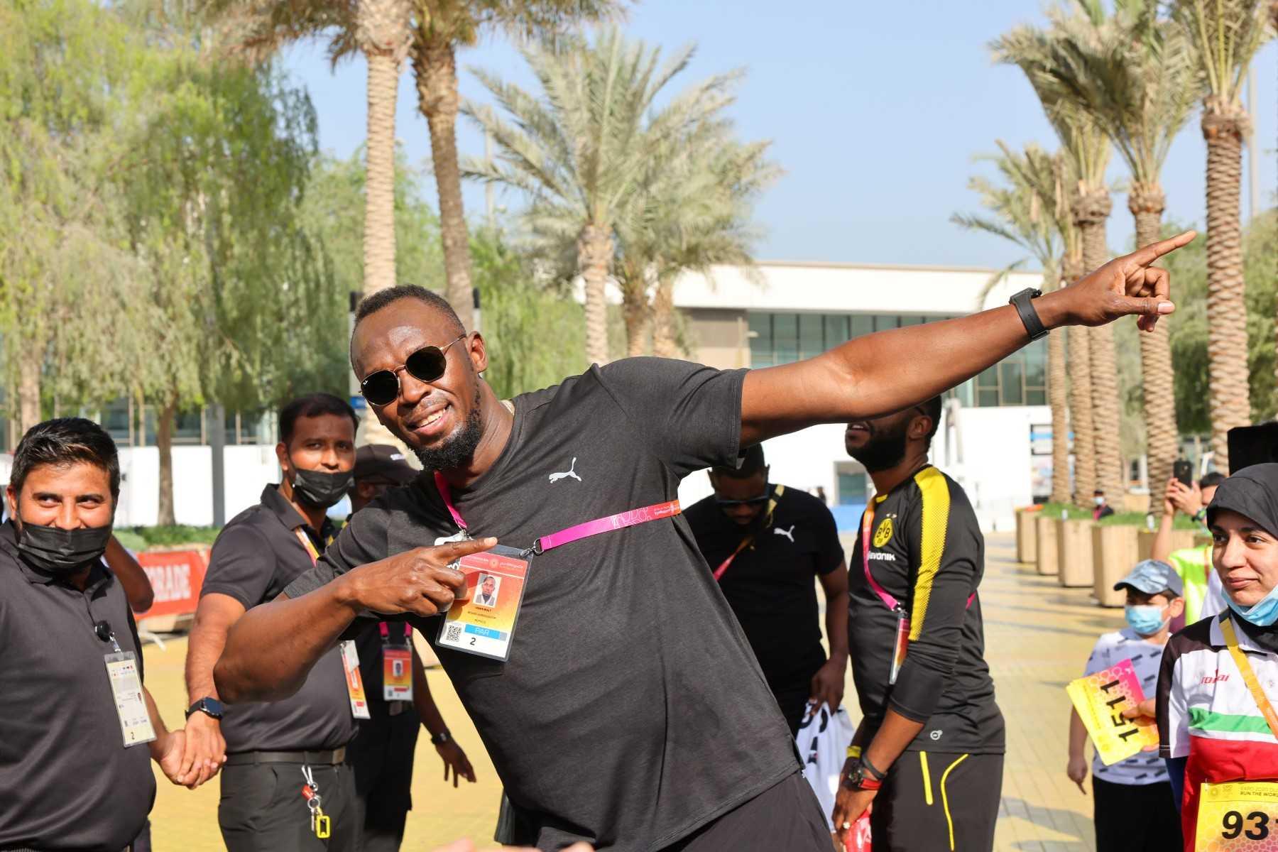 Jamaican sprinter Usain Bolt arrives for a charity run at the Expo 2020, in the Gulf emirate of Dubai, on Nov 13, 2021. Photo: AFP
