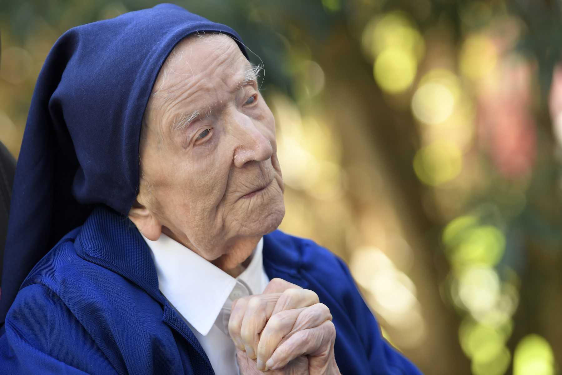 Sister Andre or Lucile Randon at a nursing home in Toulon, southern France, on Feb 10, 2021. Photo: AFP