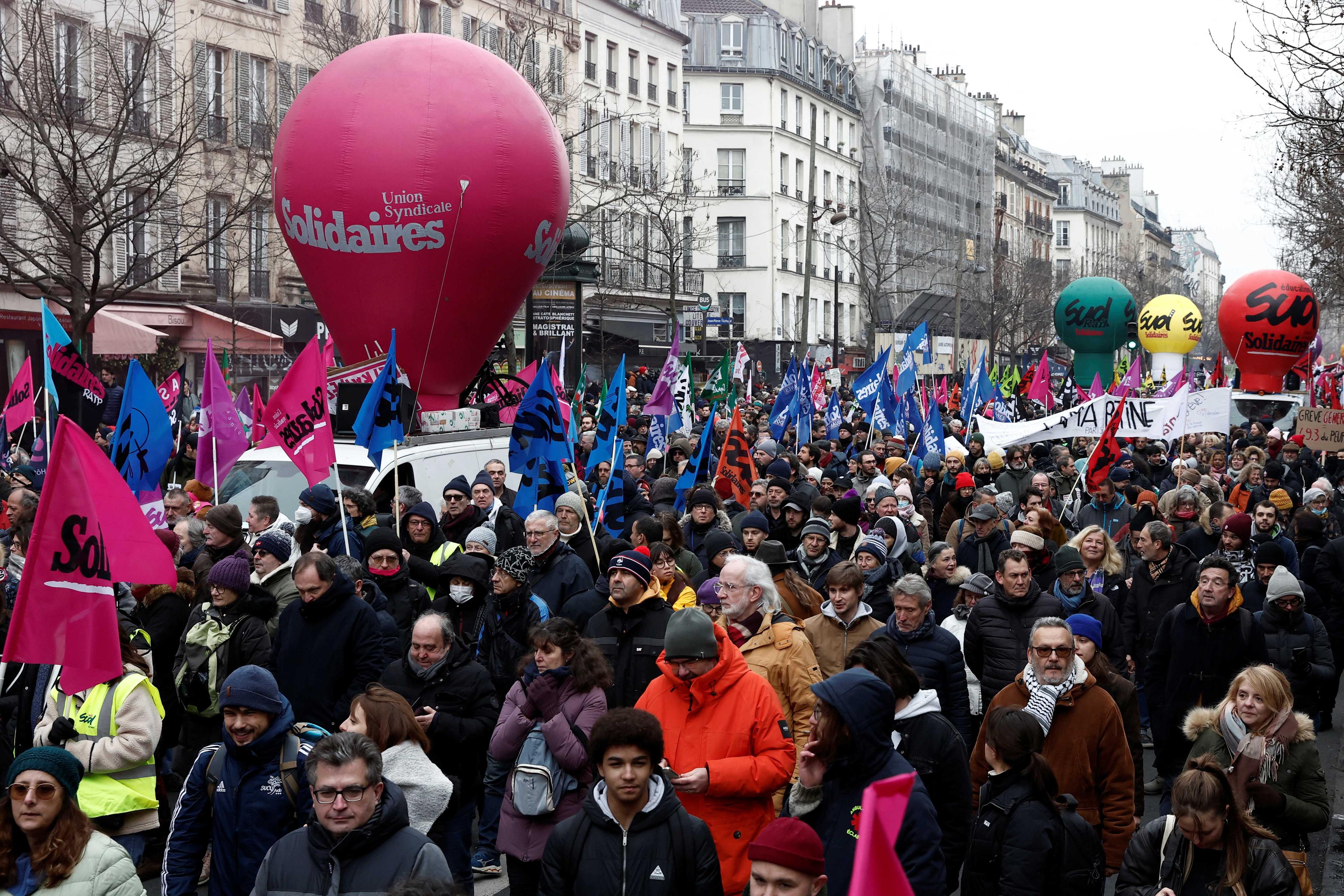 A balloon from Solidaires labour union floats over a demonstration against French government's pension reform plan in Paris as part of a day of national strike and protests in France, Jan 19. Photo: Reuters