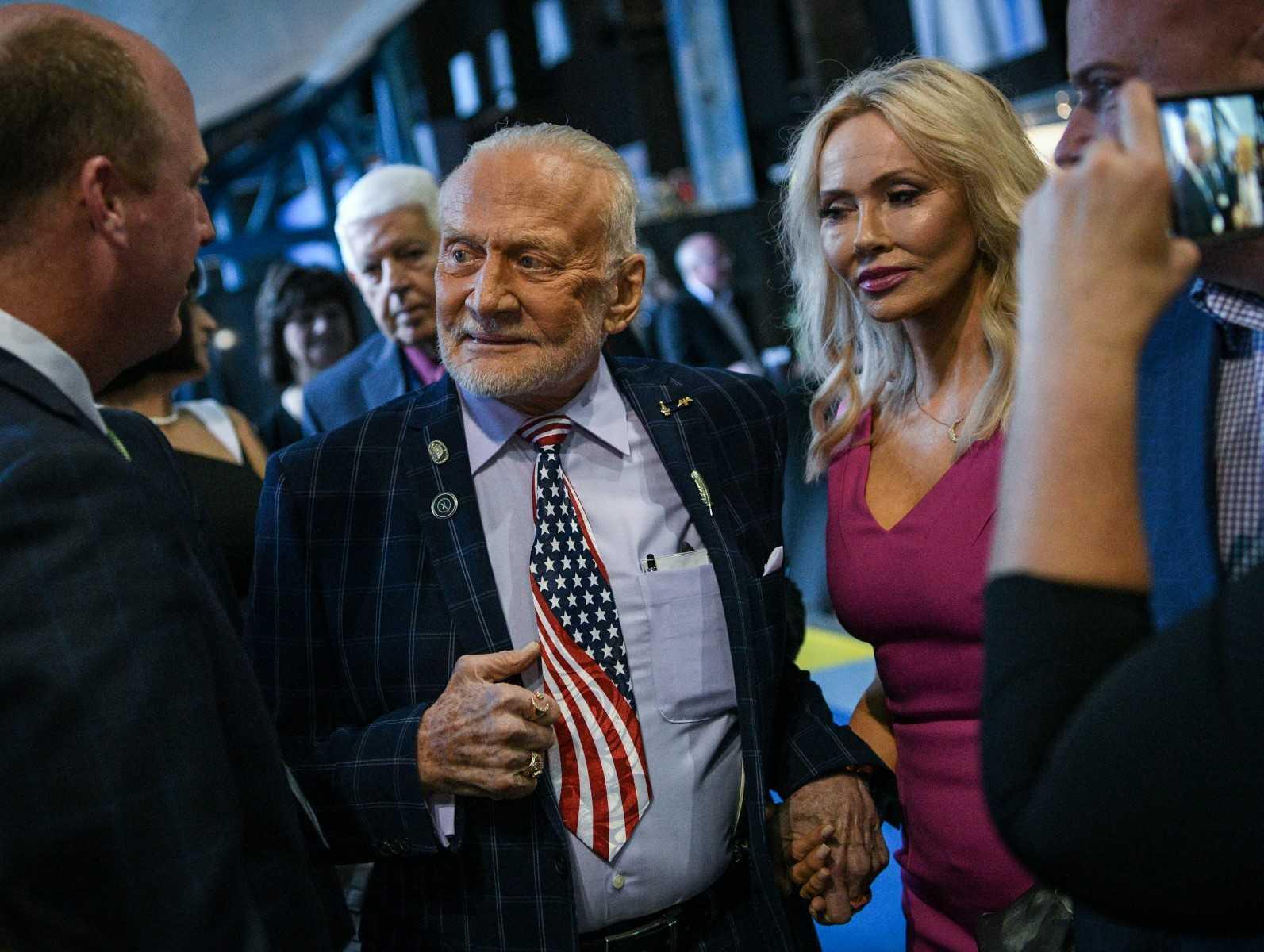 In this file photo taken on July 17, 2019, former Nasa astronaut Buzz Aldrin arrives with Anca Faur for an Apollo 11 anniversary celebration dinner at the Davidson Center for Space Exploration at the US Space & Rocket Center in Huntsville, Alabama. Photo: AFP