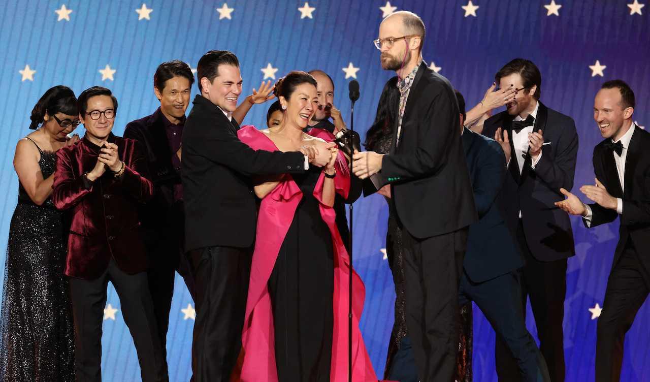 Jonathan Wang, Michelle Yeoh and Daniel Scheinert react as the cast and crew of 'Everything Everywhere All at Once' accept the Best Picture award during the 28th annual Critics Choice Awards in Los Angeles, California, Jan 15. Photo: Reuters