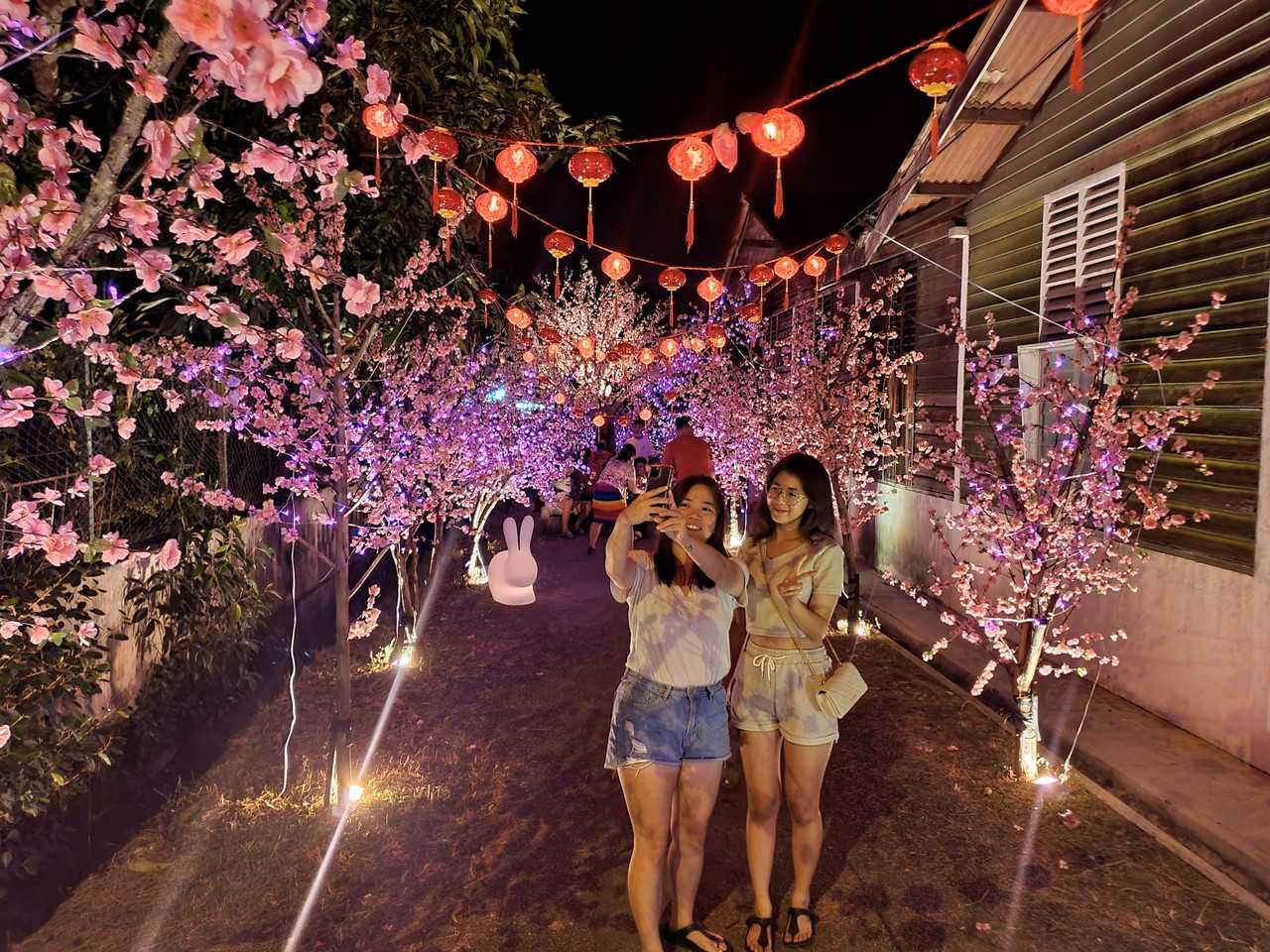 Two friends take a selfie amid the Chinese New Year decorations at Meihua Walk in Kampung Machap Baru, Alor Gajah in Melaka. Photo: Bernama