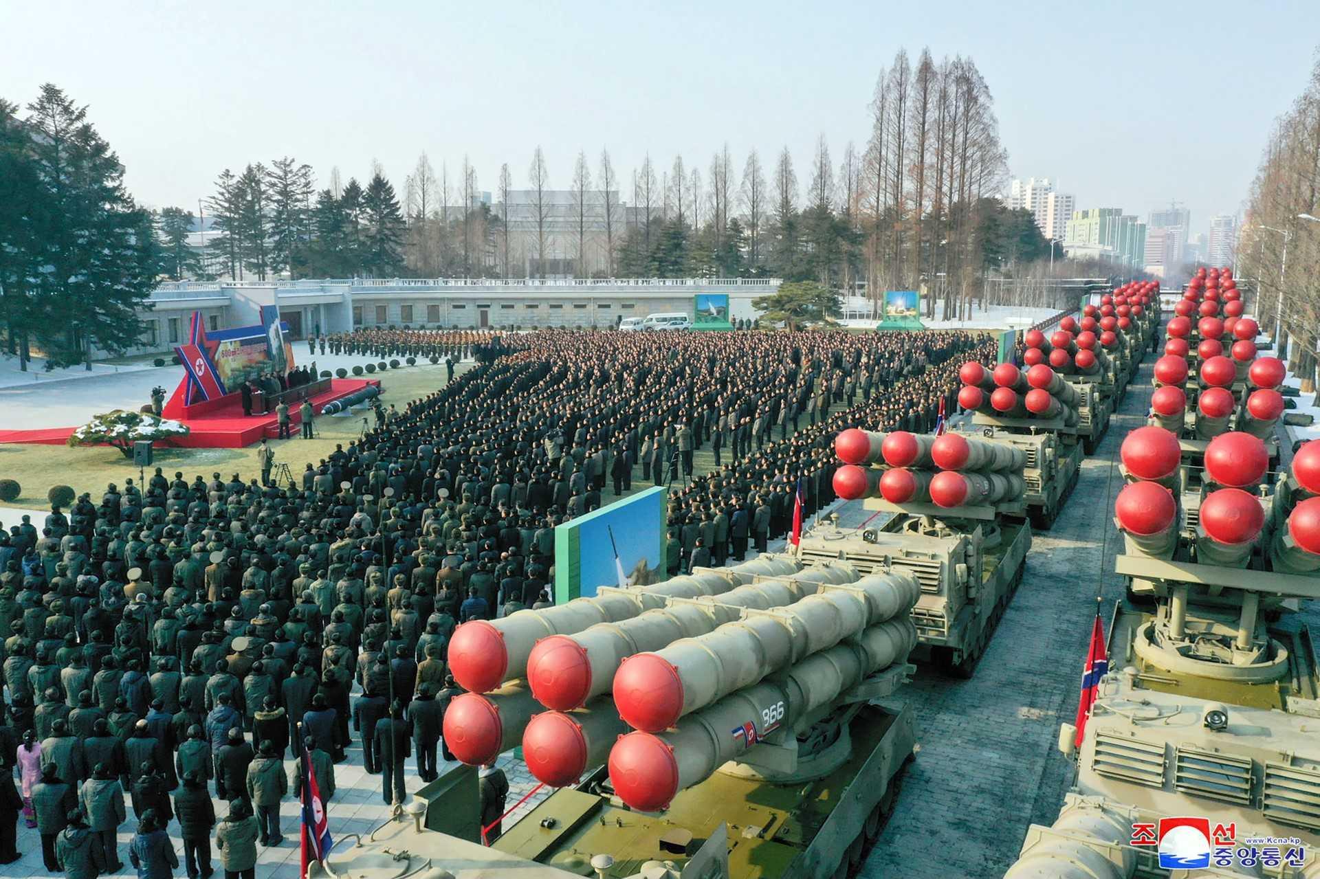 This picture taken on Dec 31, 2022 and released from North Korea's official Korean Central News Agency on Jan 1, shows a ceremony of donating 600mm Super-large Multiple Launch Rocket System in the yard of the headquarters of the Central Committee of the Workers' Party of Korea in Pyongyang. Photo: AFP 