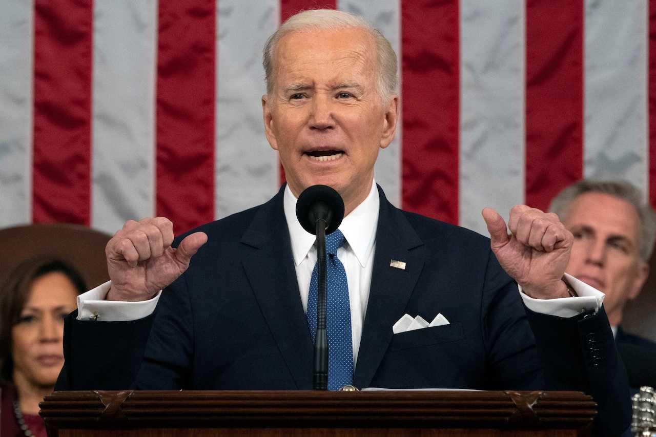 Presiden AS Joe Biden ketika menyampaikan ucapan pada sesi bersama Kongres di US Capitol, 7 Februari. Gambar: Reuters