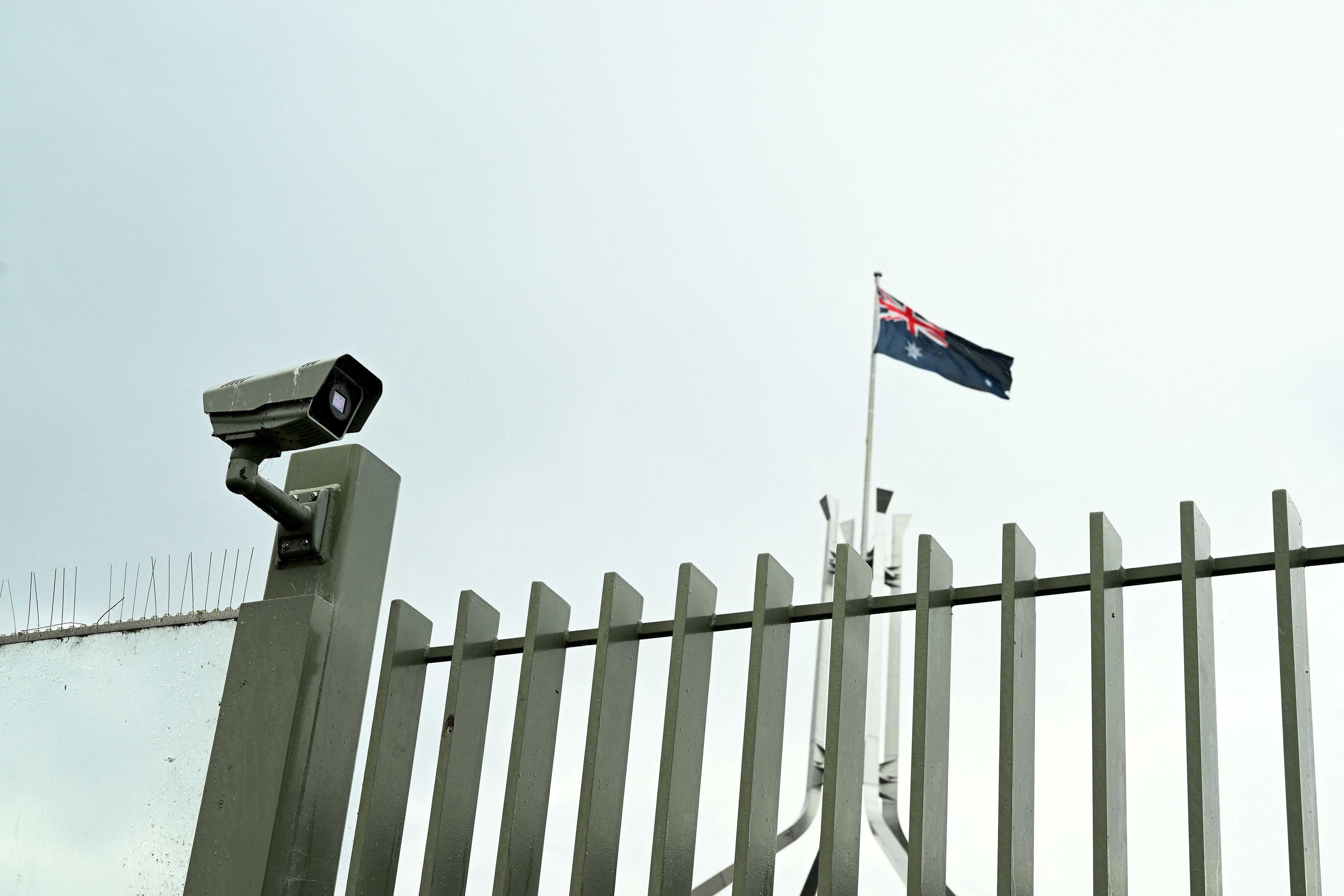 A security camera is seen outside Parliament House in Canberra, Australia, Feb 9. Photo: Reuters