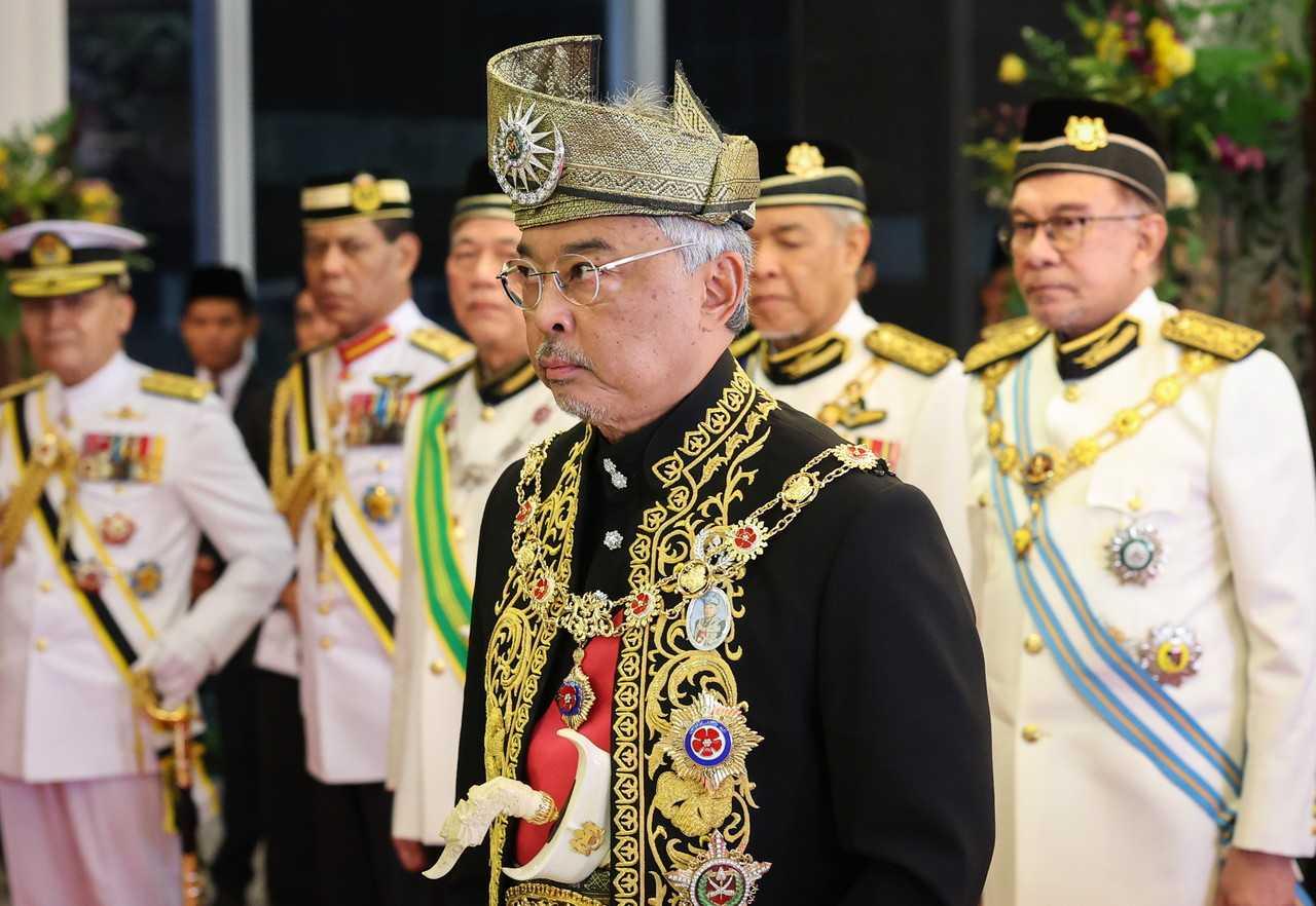Yang di-Pertuan Agong Sultan Abdullah Sultan Ahmad Shah at the Parliament building in Kuala Lumpur, Feb 13. Photo: Bernama