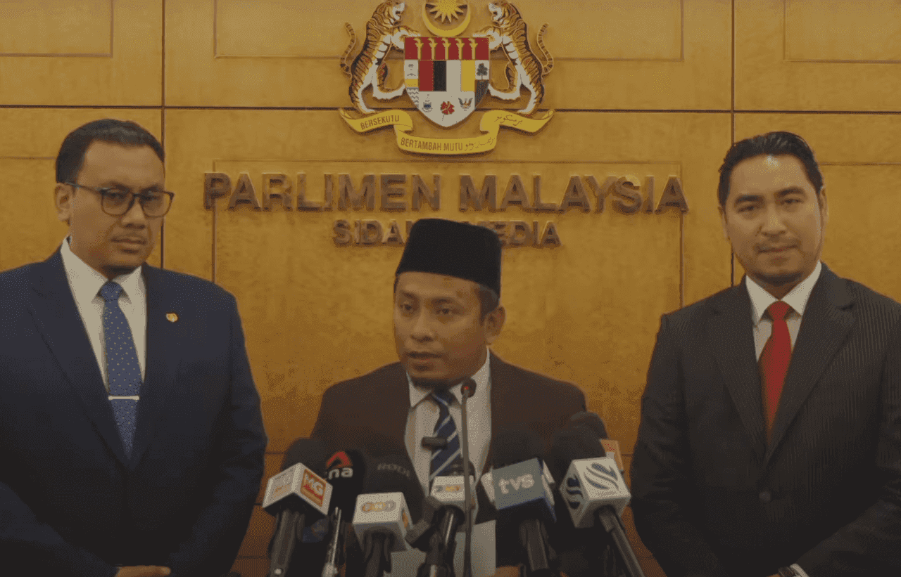 Perikatan Nasional Youth chief Ahmad Fadhli Shaari speaks at a press conference at the Parliament building in Kuala Lumpur. 