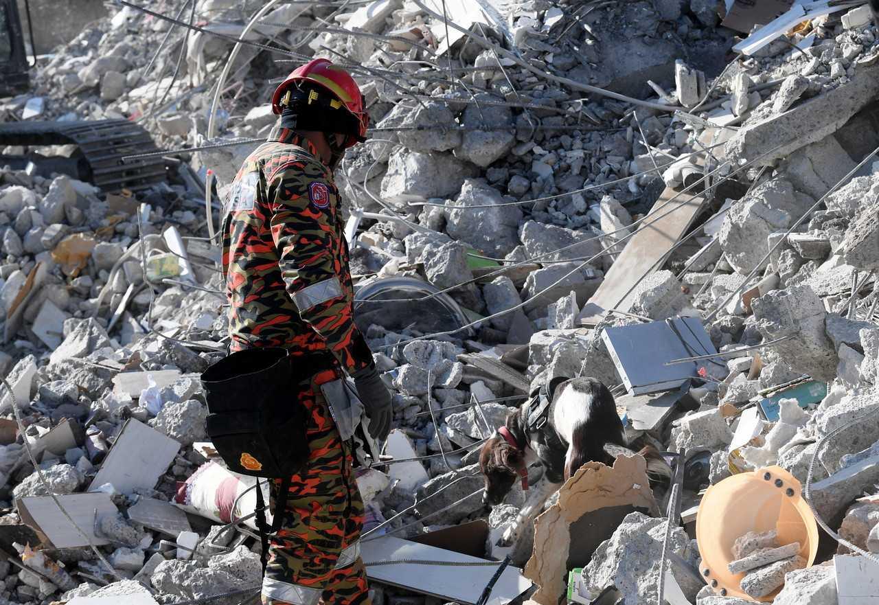 A member of a Malaysian search team comprising personnel from the Special Malaysia Disaster Assistance Team, fire and rescue department, and civil defence force, works with the K9 unit to look for survivors after the earthquake in Nurdagi, Turkey, Feb 13. Photo: Bernama