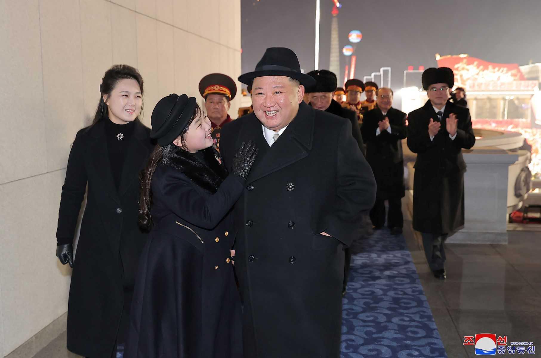 This picture taken on Feb 8, and released from North Korea's official Korean Central News Agency on Feb 9, shows North Korea's leader Kim Jong Un (right), his daughter presumed to be named Ju Ae (centre) and wife Ri Sol Ju (left) attending a military parade celebrating the 75th anniversary of the founding of the Korean People's Army in Kim Il Sung Square in Pyongyang. Photo: AFP