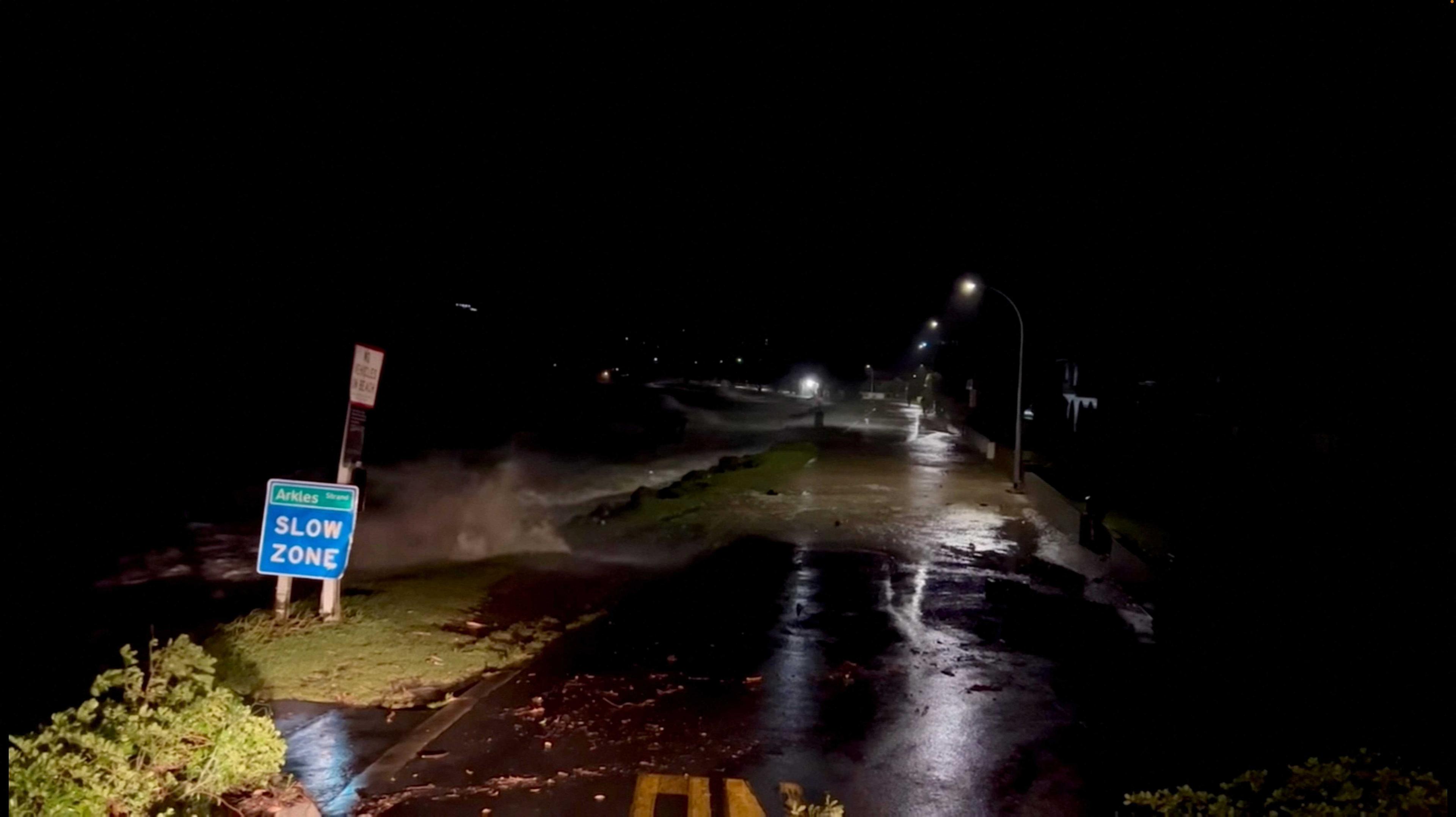 A view shows high tides rising due to Cyclone Gabrielle in Arkles Bay, Auckland, New Zealand Feb 13, in this screen grab obtained from a social media video. Photo: Reuters