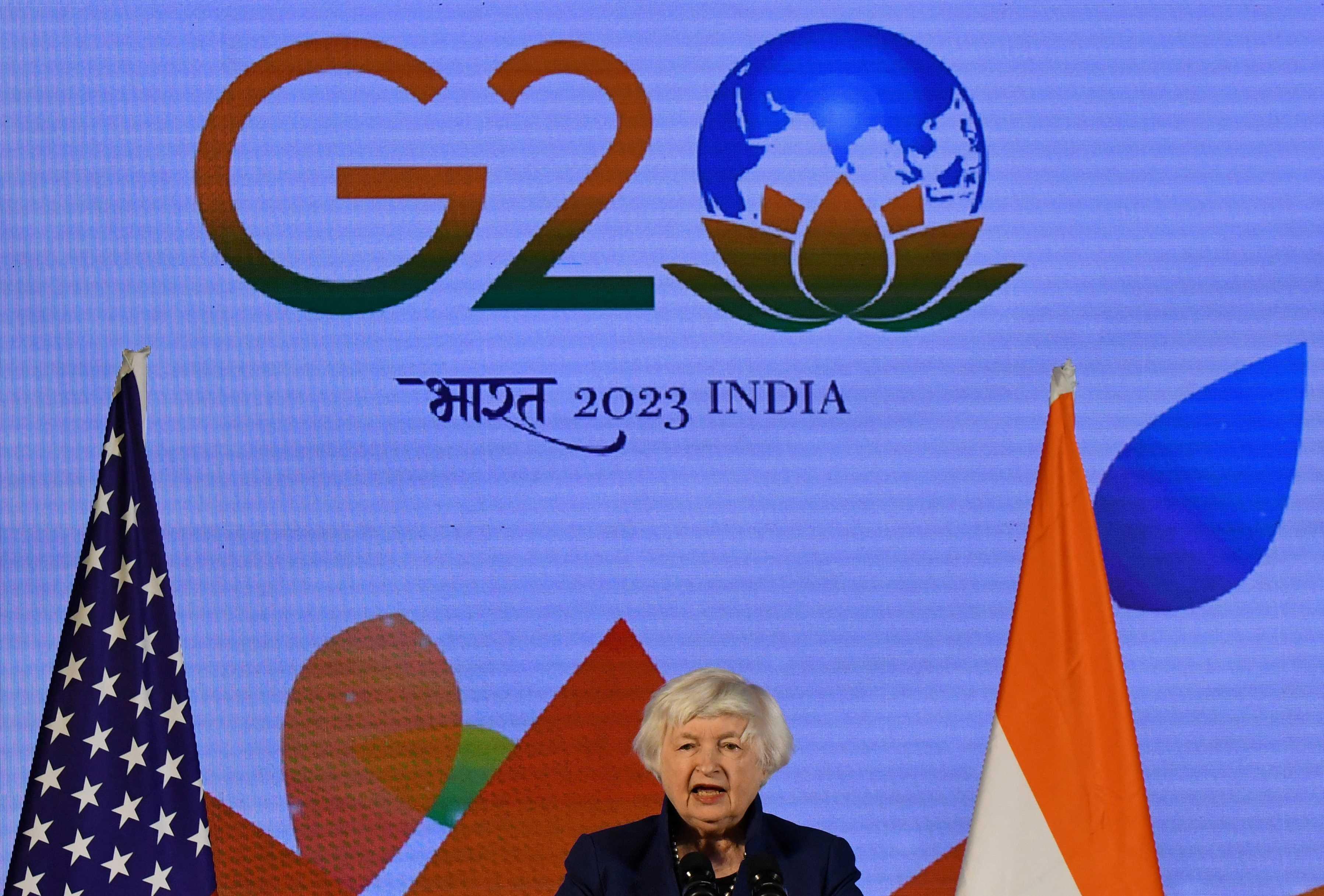 US Treasury Secretary Janet Yellen speaks during a news conference as G20 finance leaders gather on the outskirts of Bengaluru, India, Feb 23. Photo: Reuters