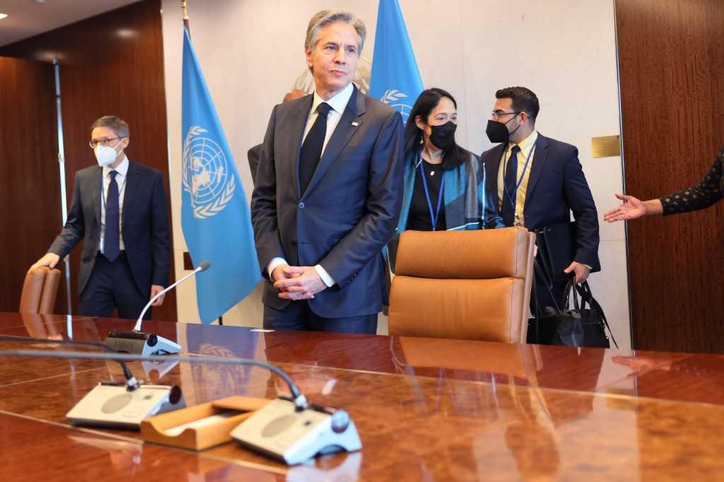 US Secretary of State Antony Blinken prepares to meet with Secretary-General of the United Nations António Guterres at United Nations headquarters on Feb 24, in New York City. Photo: AFP 