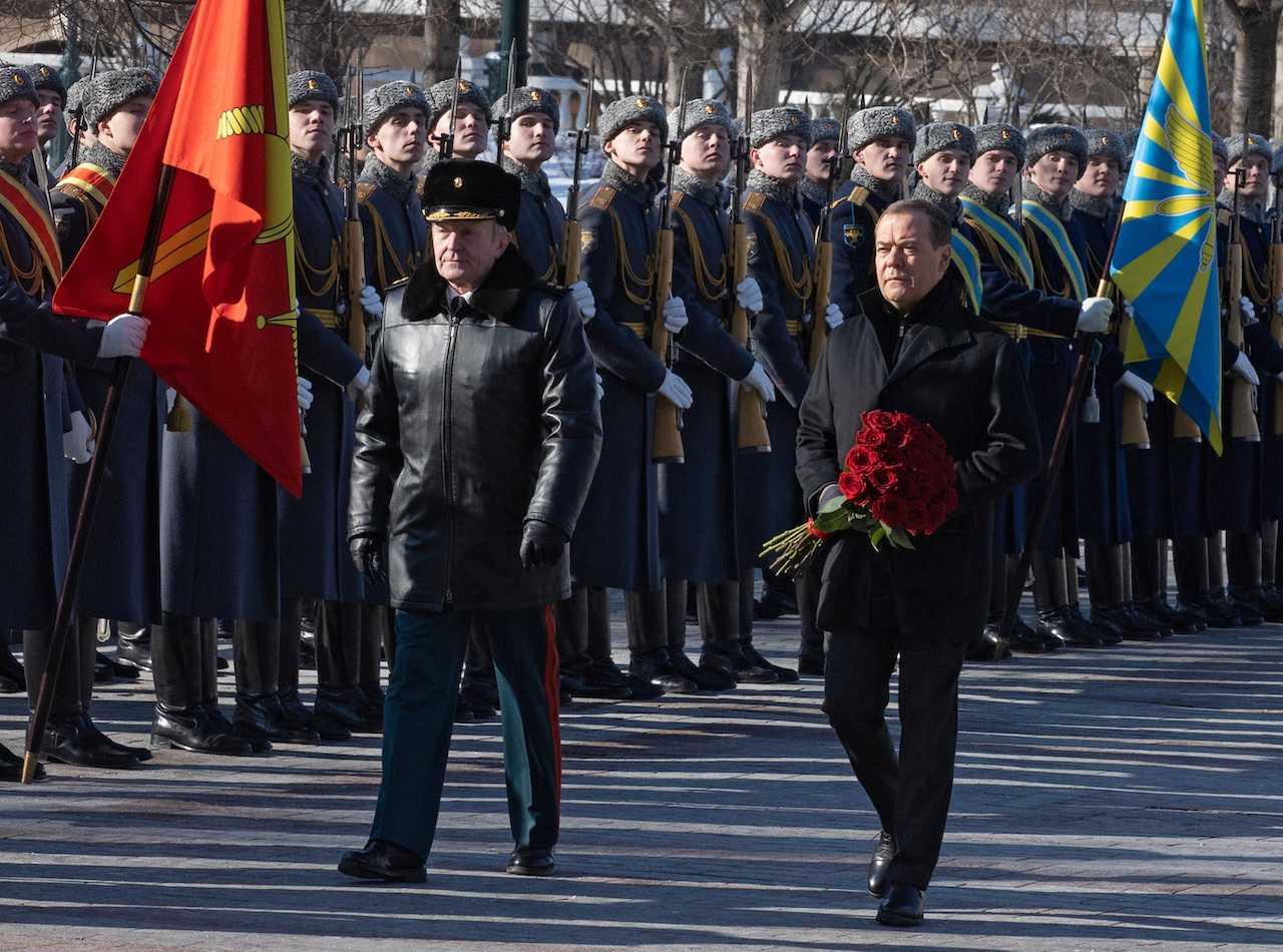 Deputy head of Russia's Security Council Dmitry Medvedev takes part in a wreath laying ceremony by the Kremlin Wall on the Defender of the Fatherland Day in Moscow, Russia, Feb 23. Photo: Reuters