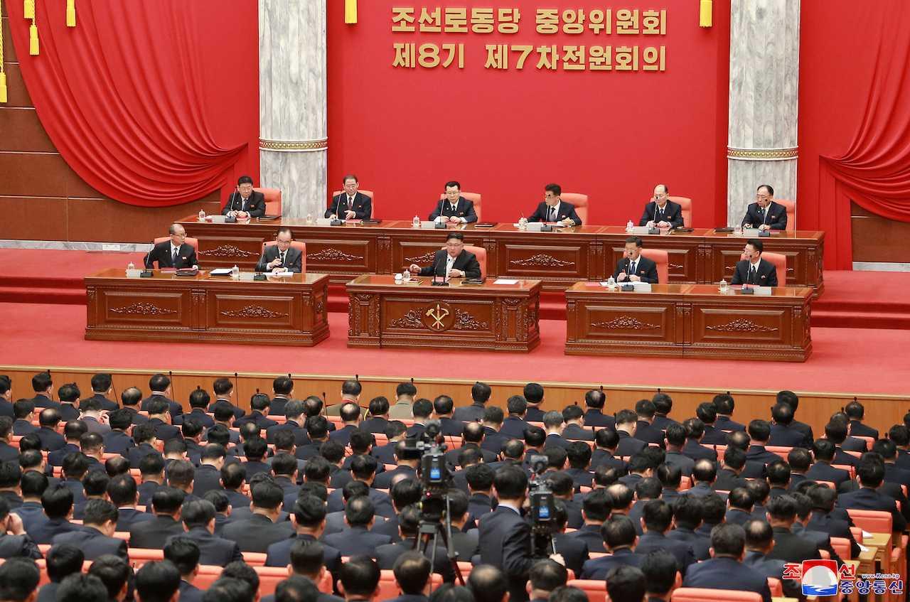North Korean leader Kim Jong Un attends the 7th enlarged plenary meeting of the 8th Central Committee of the Workers' Party of Korea in Pyongyang, North Korea, Feb 26, in this photo released by the Korean Central News Agency. Photo: Reuters