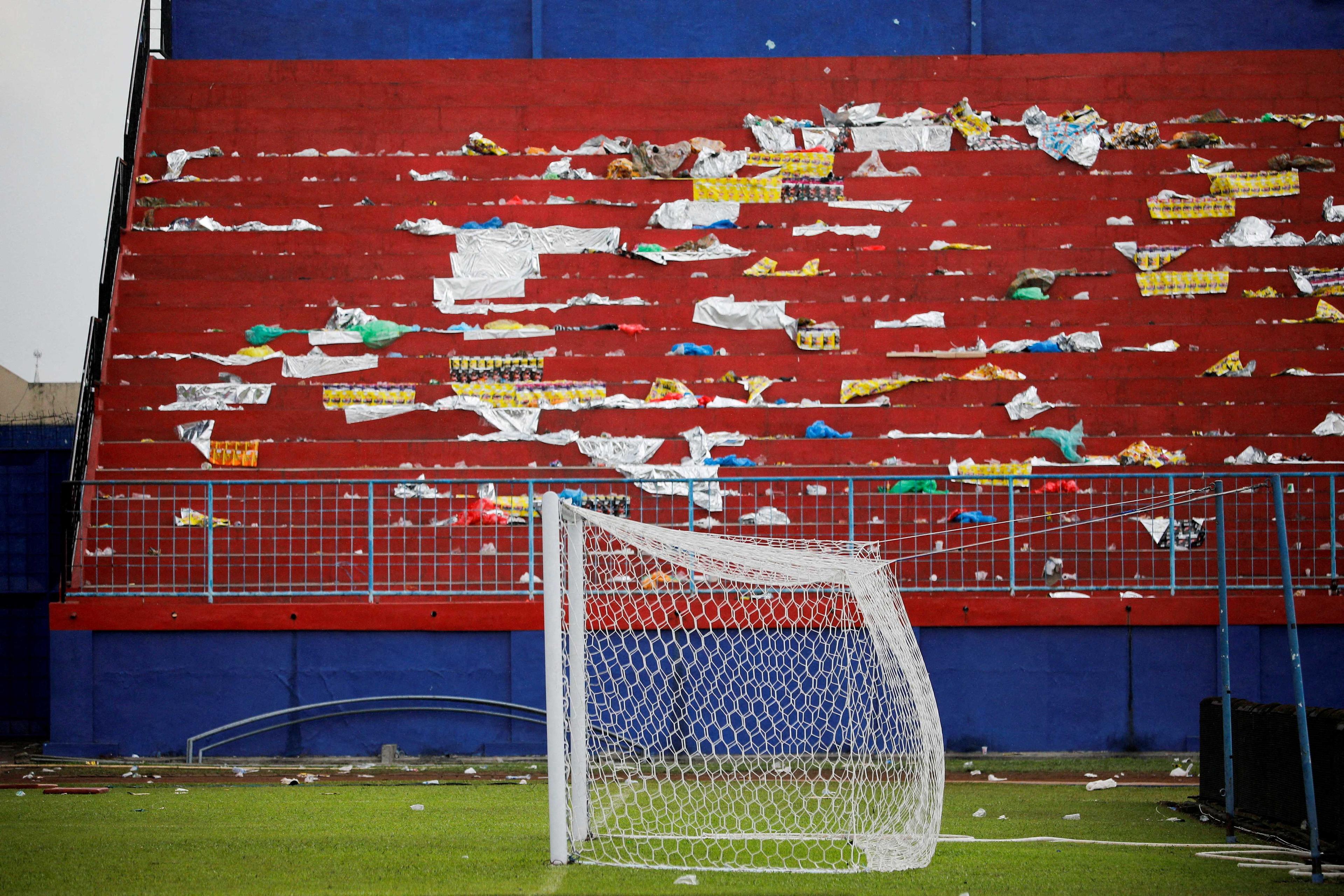 A goalpost is seen after a riot and stampede following soccer match between Arema vs Persebaya at Kanjuruhan stadium in Malang, East Java province, Indonesia, Oct 2, 2022. Photo: Reuters