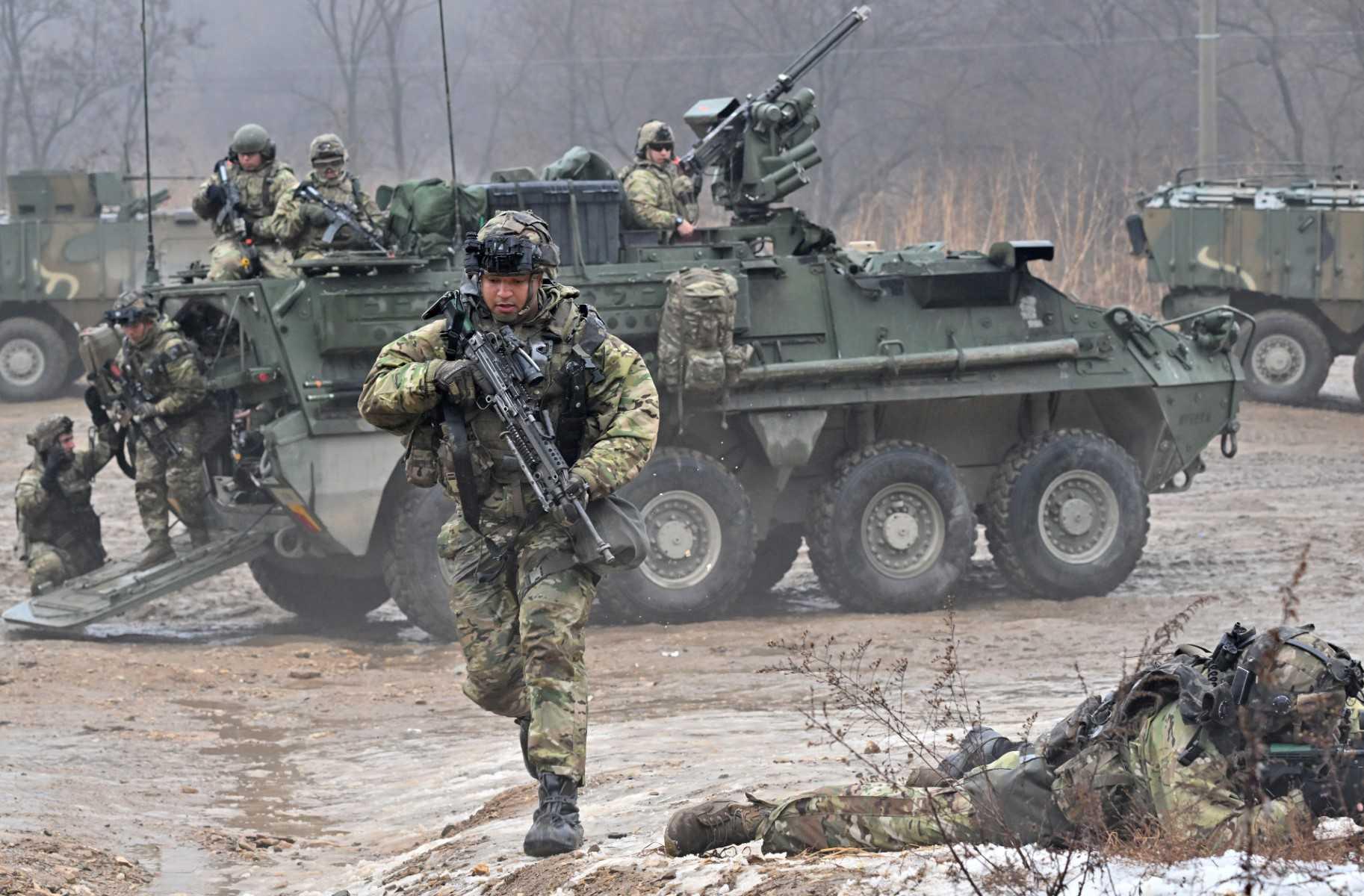 US soldiers participate in a joint military drill between the US 2nd Infantry Division Stryker Battalion and the ROK 25th Infantry Division Army Tiger Demonstration Brigade at a training field in Paju on Jan 13. Photo: Reuters