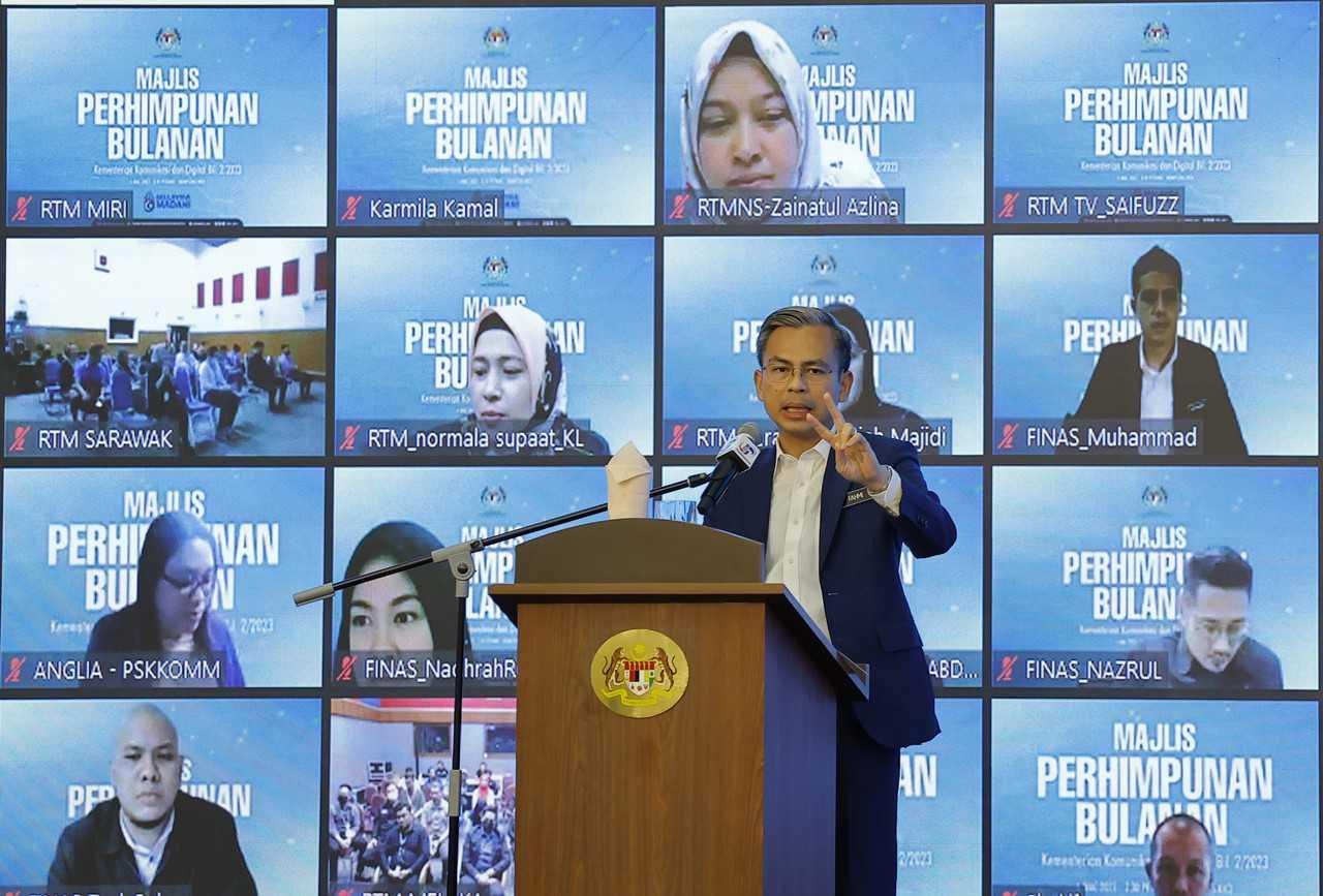 Communications and Digital Minister Fahmi Fadzil attends his ministry’s monthly assembly in Putrajaya, March 6. Photo: Bernama