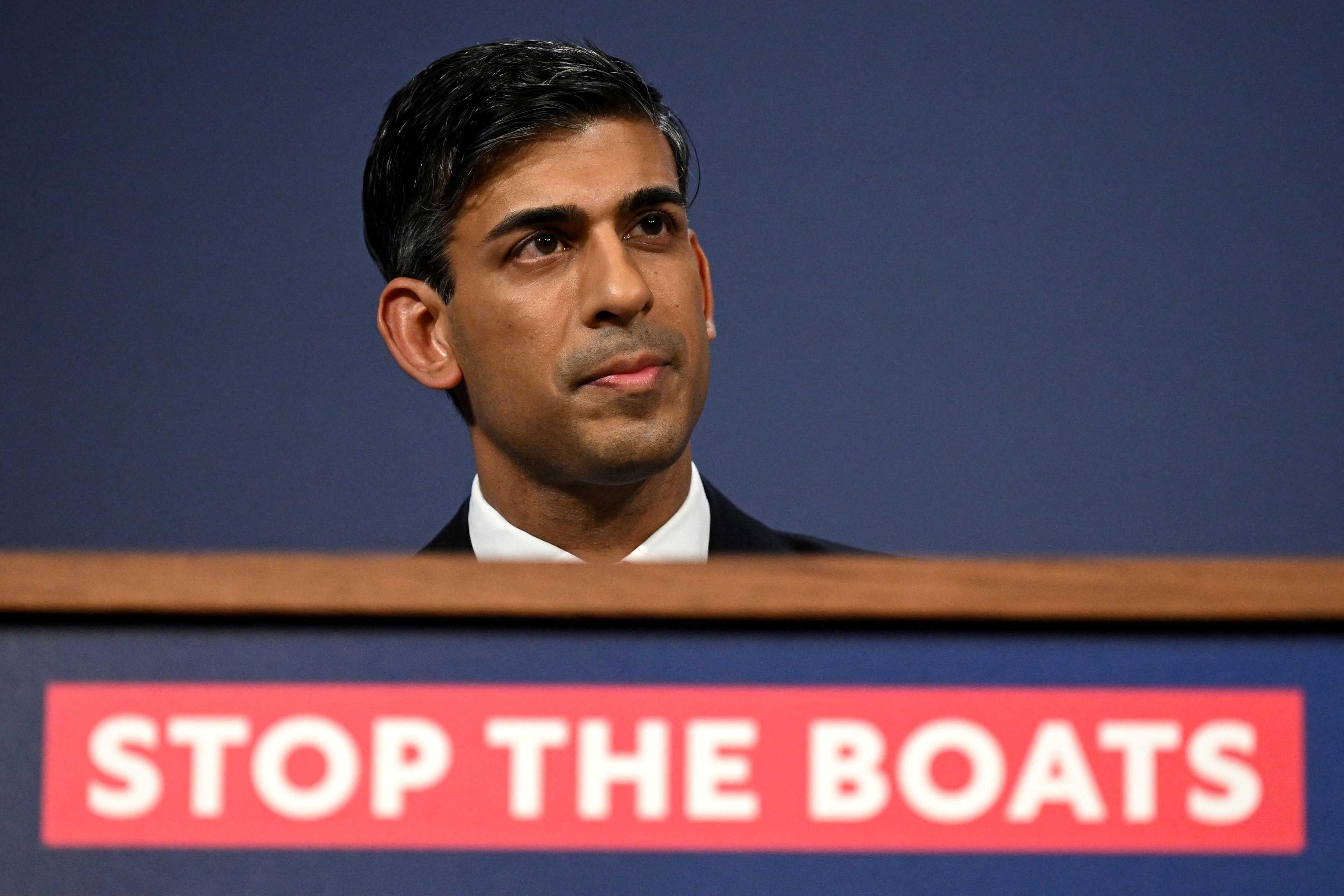 British Prime Minister Rishi Sunak speaks during a press conference following the launch of new legislation on migrant channel crossings at Downing Street on March 7, in London, UK. Photo: Reuters