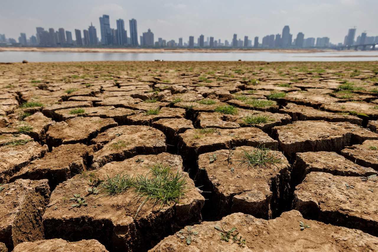 Cracks run through the partially dried-up river bed of the Gan River, a tributary to Poyang Lake during a regional drought in Nanchang, Jiangxi province, China, Aug 28, 2022. Photo: Reuters