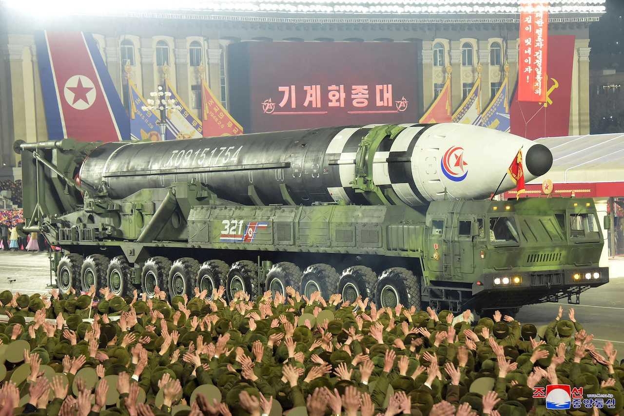 A missile is displayed during a military parade to mark the 75th founding anniversary of North Korea's army, in Pyongyang, North Korea, Feb 8, in this photo released by North Korea's Korean Central News Agency. Photo: Reuters