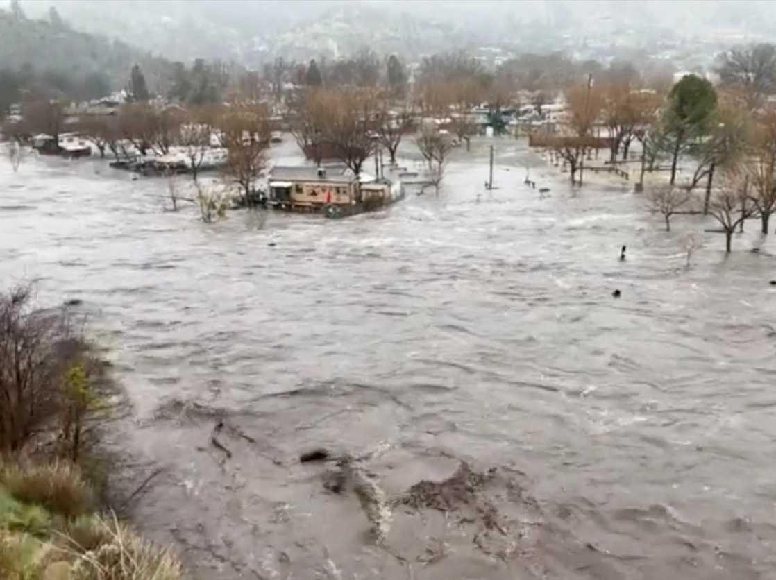 The overflowed Kern River is shown in this screengrab from a video obtained from social media, in Kernville, California, March 10. Photo: Reuters