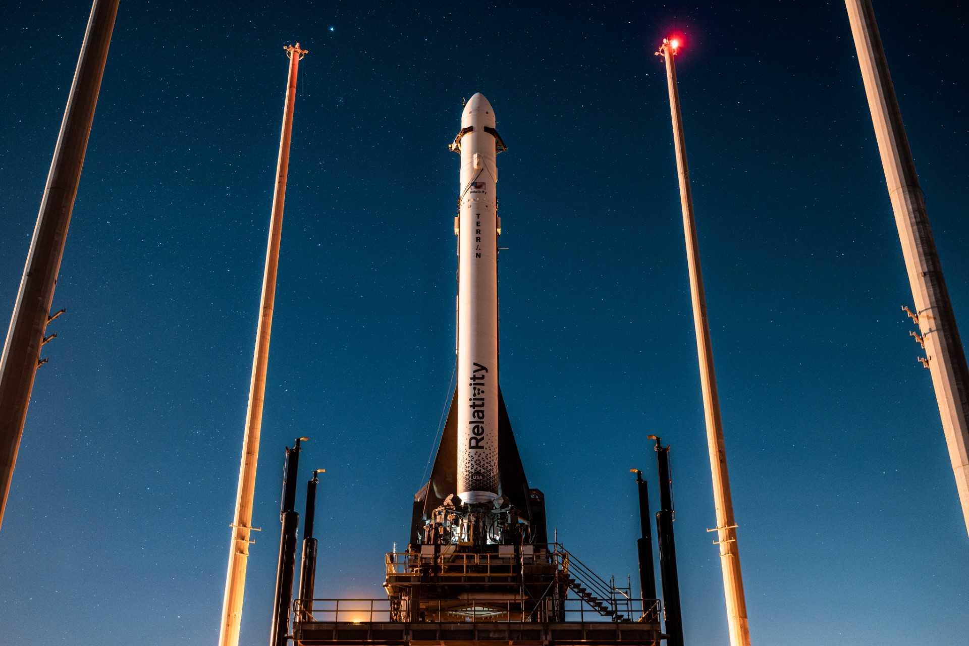 Terran 1, the world's first 3D-printed rocket, at Launch Complex 16 at Cape Canaveral in Florida, March 10. Photo: AFP